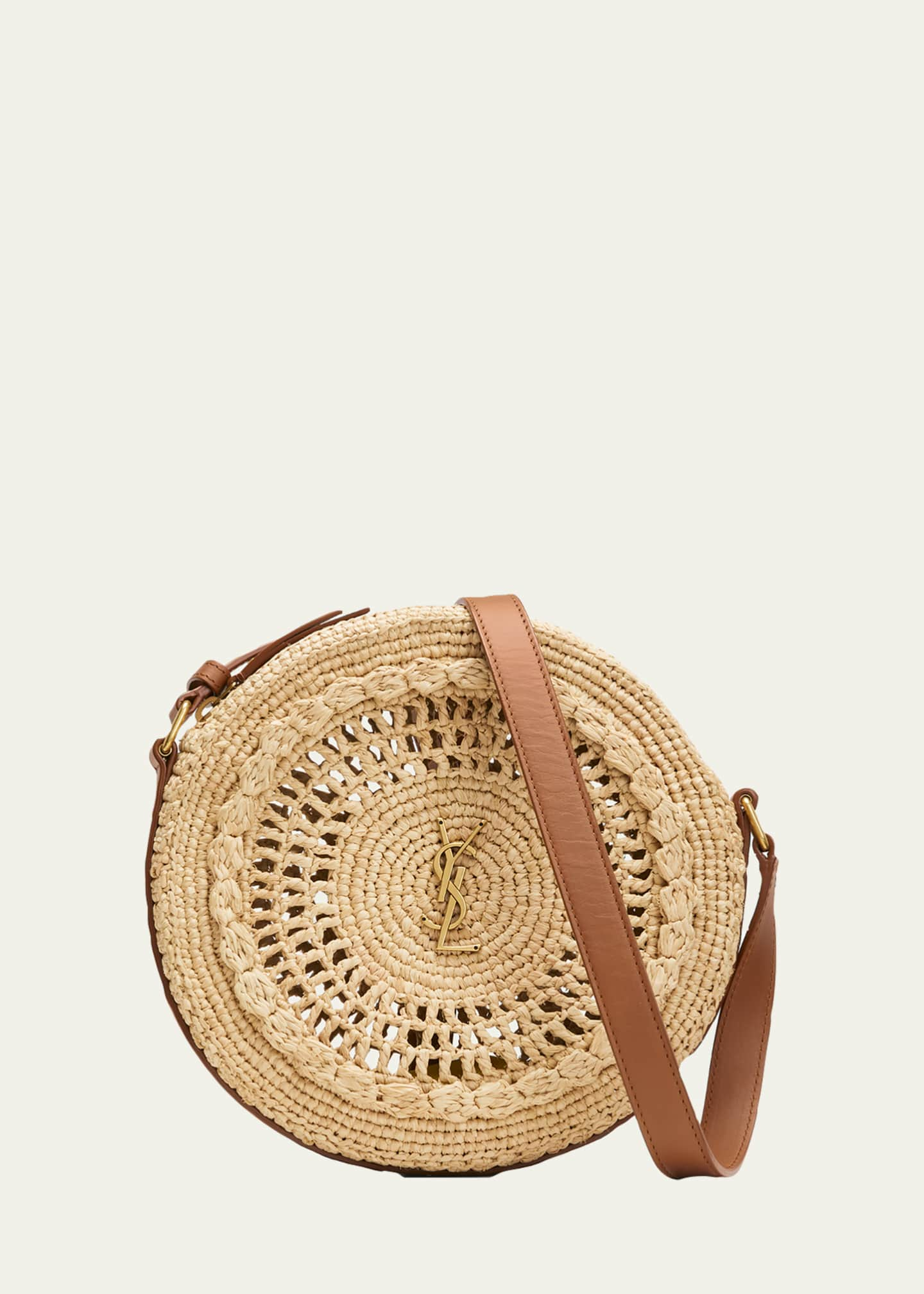 Neutral Round YSL leather and raffia cross-body bag, Saint Laurent