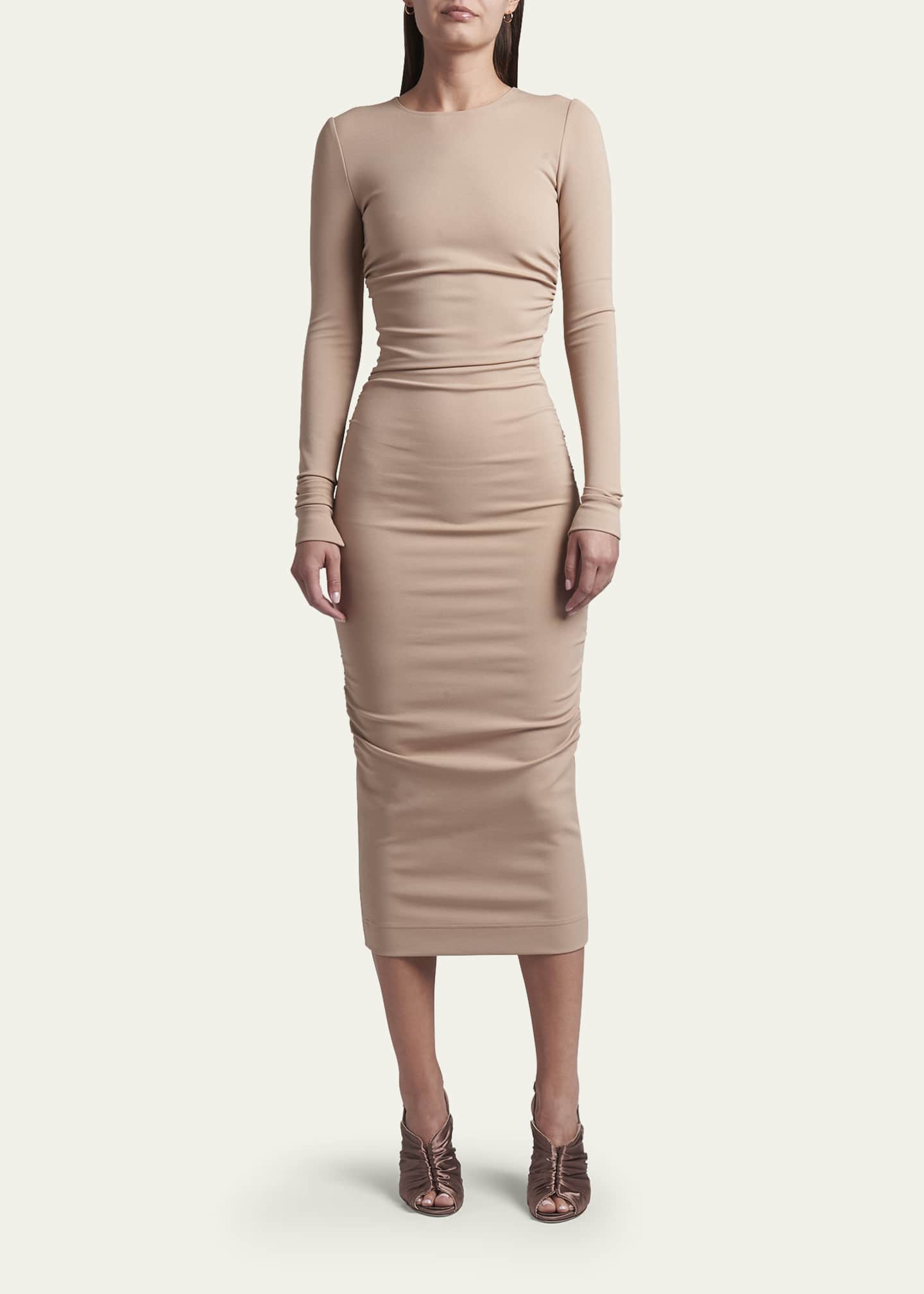 Dolce & Gabbana Green Ruched Mesh Sheer Sleeves Midi Dress
