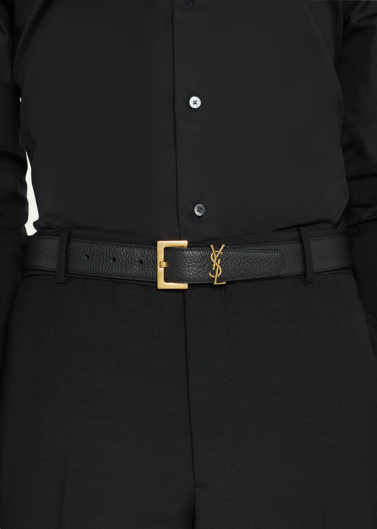 Saint Laurent Monogram Keeper Leather Belt Black