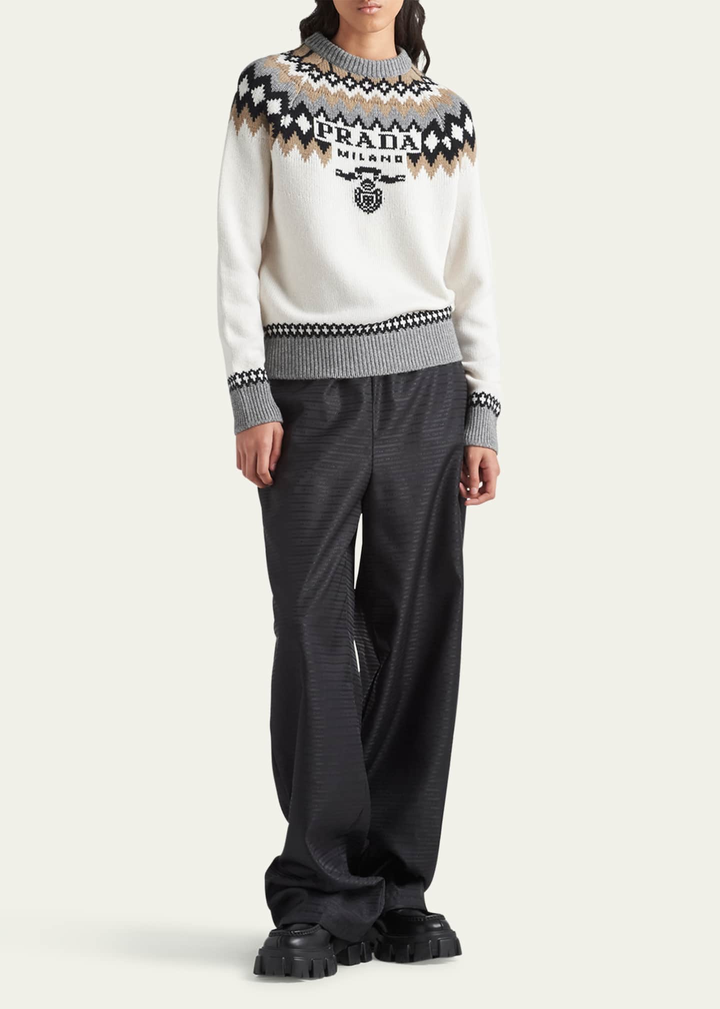 【送料&関税込】Prada Melange Sand Cashmere Sweater Desert Beige Cashmere And Wool Prada Logo Crew-neck Sweater