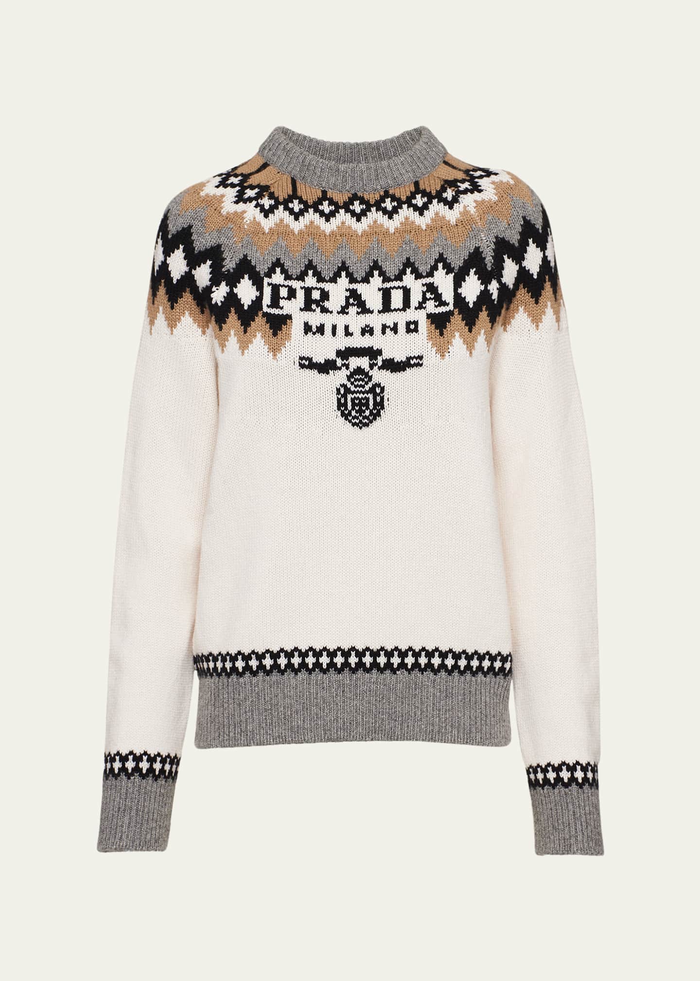 Prada Logo Fair Isle Cashmere Crewneck Sweater - Bergdorf Goodman