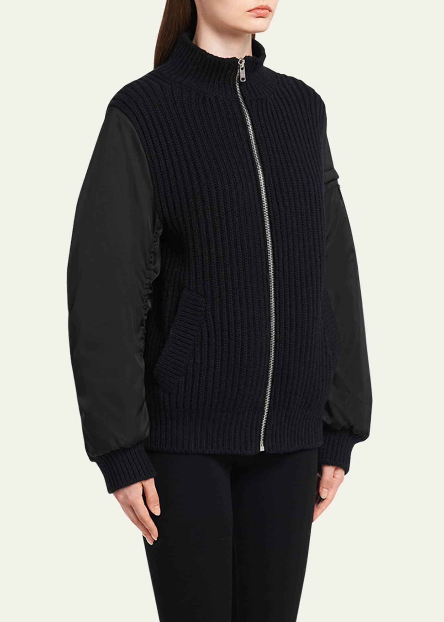 Prada Cashmere Knit Bomber Jacket with Nylon Sleeves