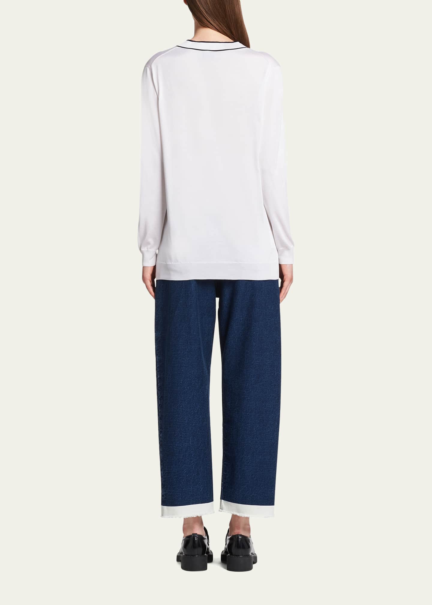 Prada Logo-Intarsia Silk Cardigan w/ Contrast Tipping