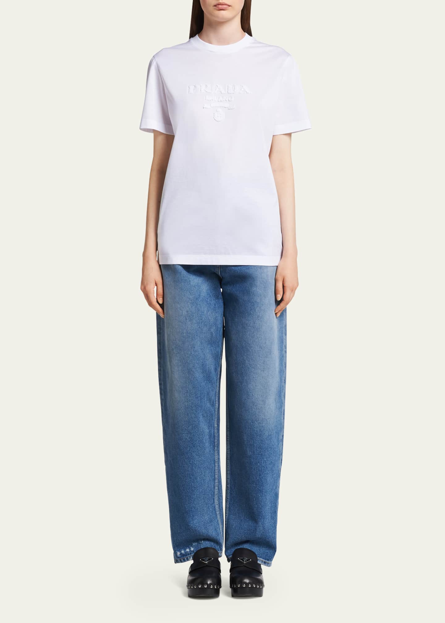 Prada Logo-Embroidered Jersey T-Shirt - Bergdorf Goodman Prada Logo-Embroidered Jersey T-Shirt - Bergdorf Goodman