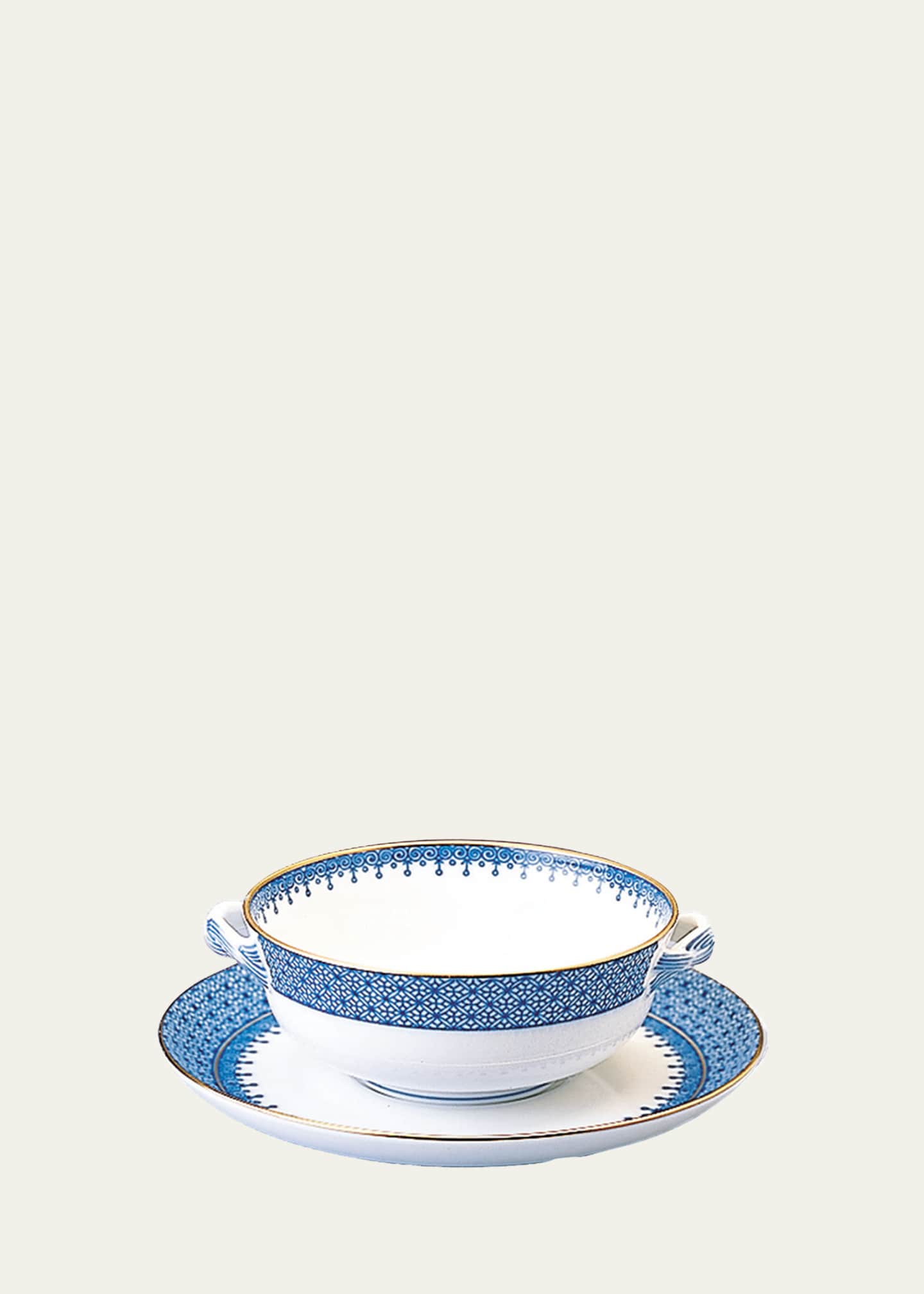 Mottahedeh Blue Lace Cream Soup Bowl & Saucer Plate
