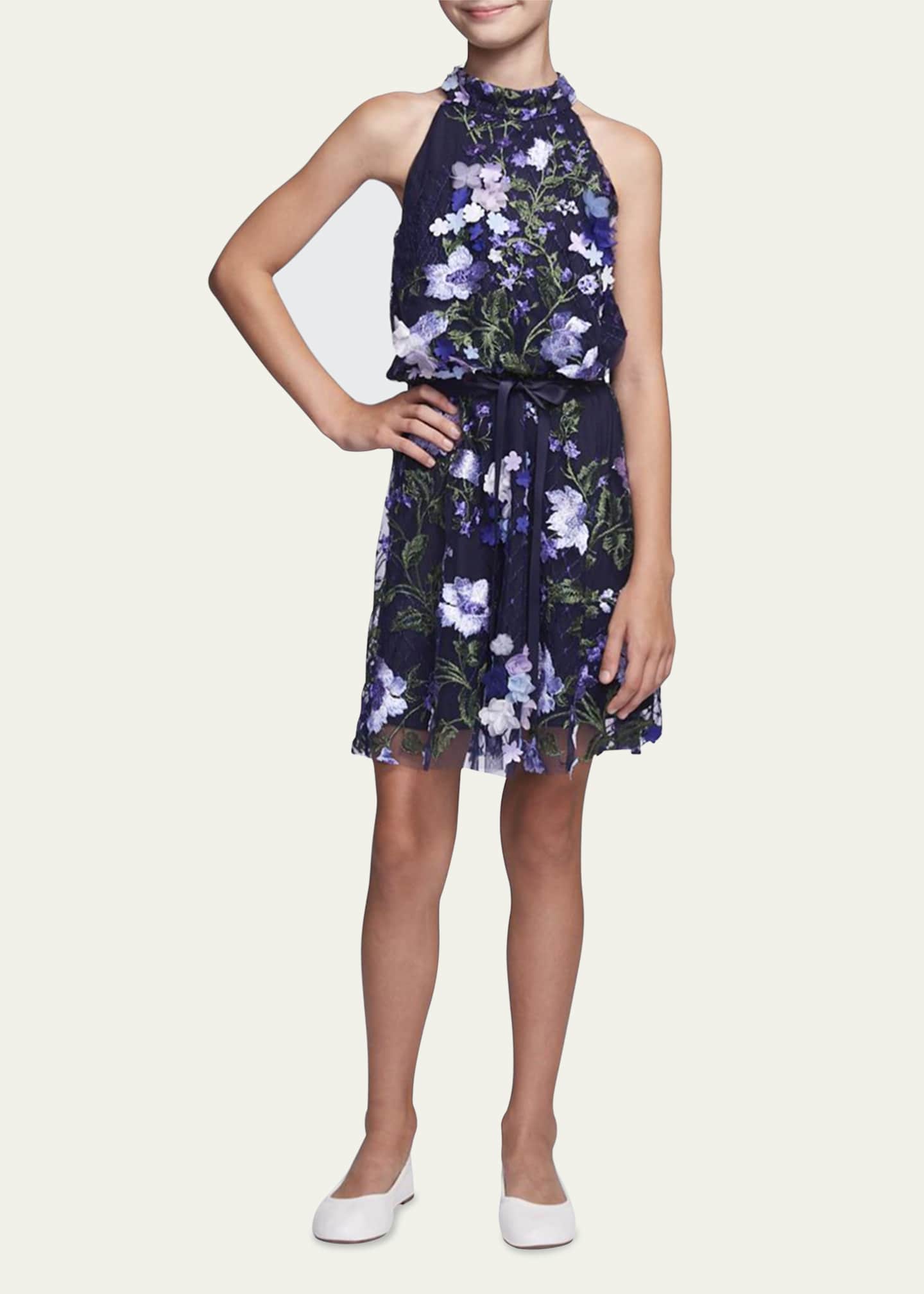 Marchesa Notte Mini Girl s 3D Embroidered Floral Dress Size 7 14