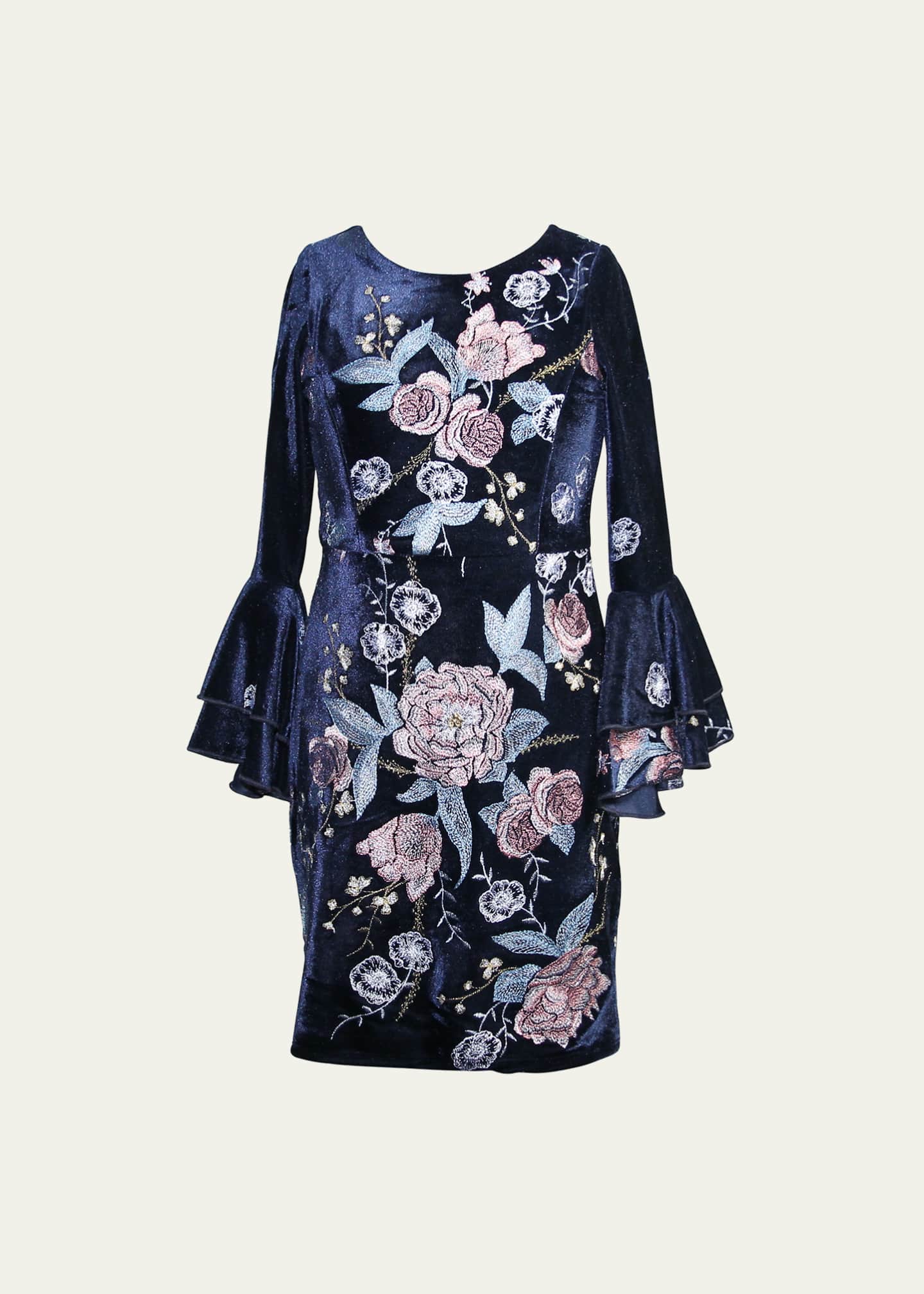 Marchesa Notte Mini Girl s Bell Sleeve Floral Embroidered Velvet
