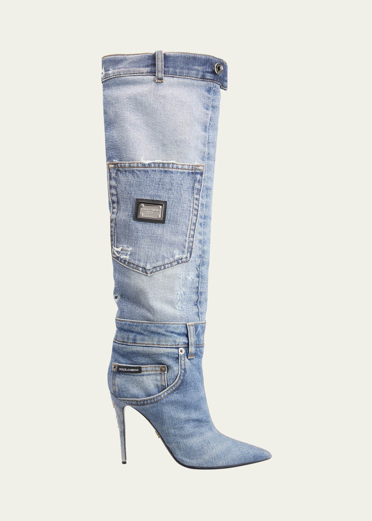 Dolce&Gabbana Blue Jean Denim Patchwork Stiletto Boots Bergdorf Goodman