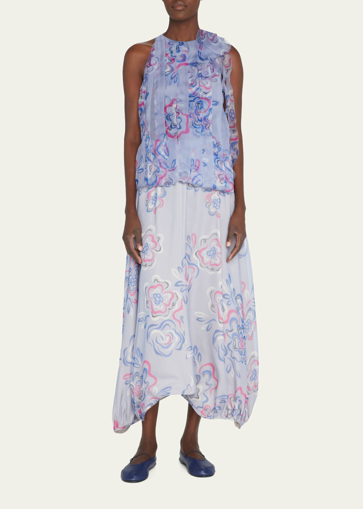 Giorgio Armani Floral-Print Bow Pleated Organza Tank Image 2 of 5