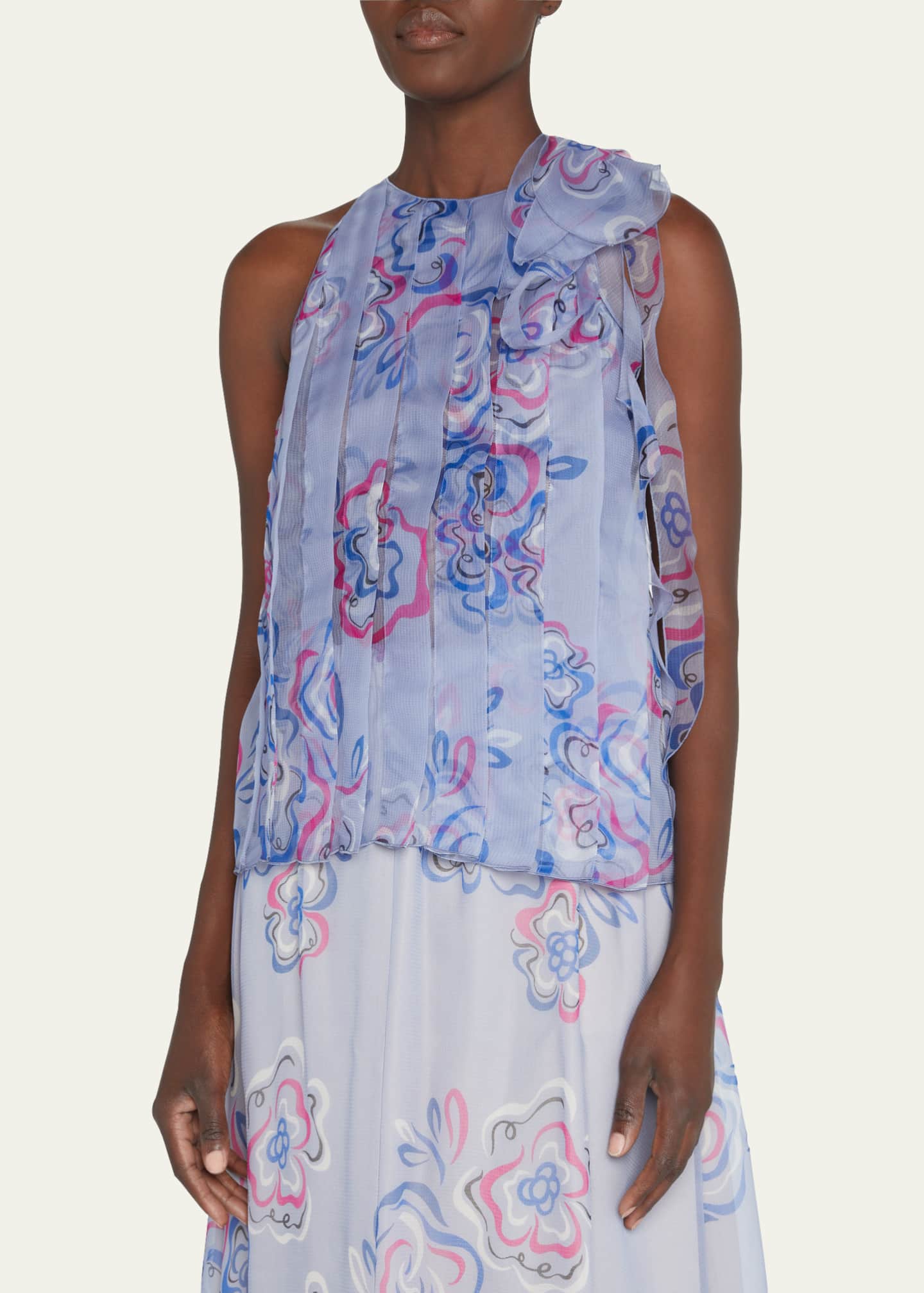 Giorgio Armani Floral-Print Bow Pleated Organza Tank Image 4 of 5