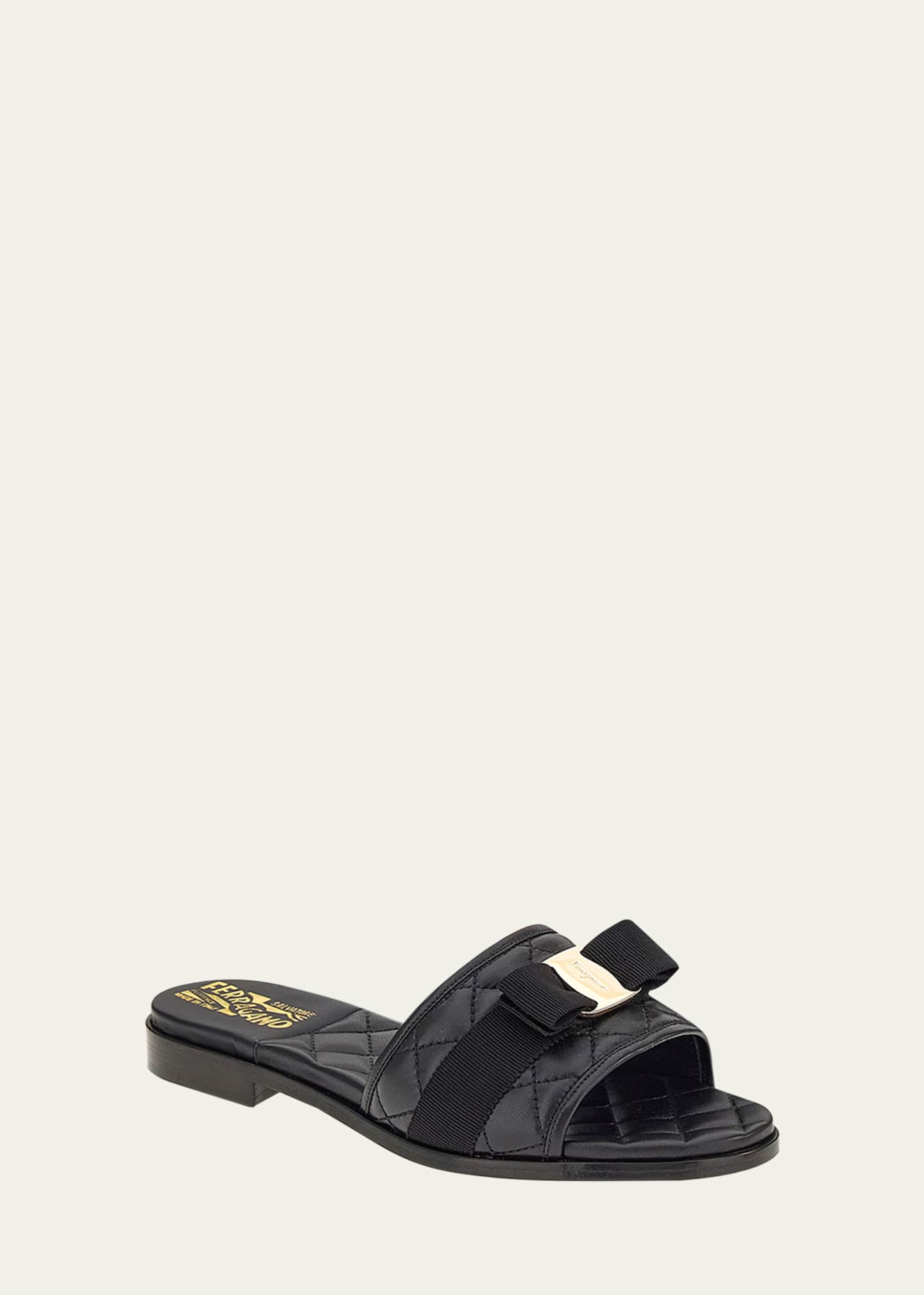 Ferragamo Quilted Lambskin Bow Flat Sandals Image 3 of 4