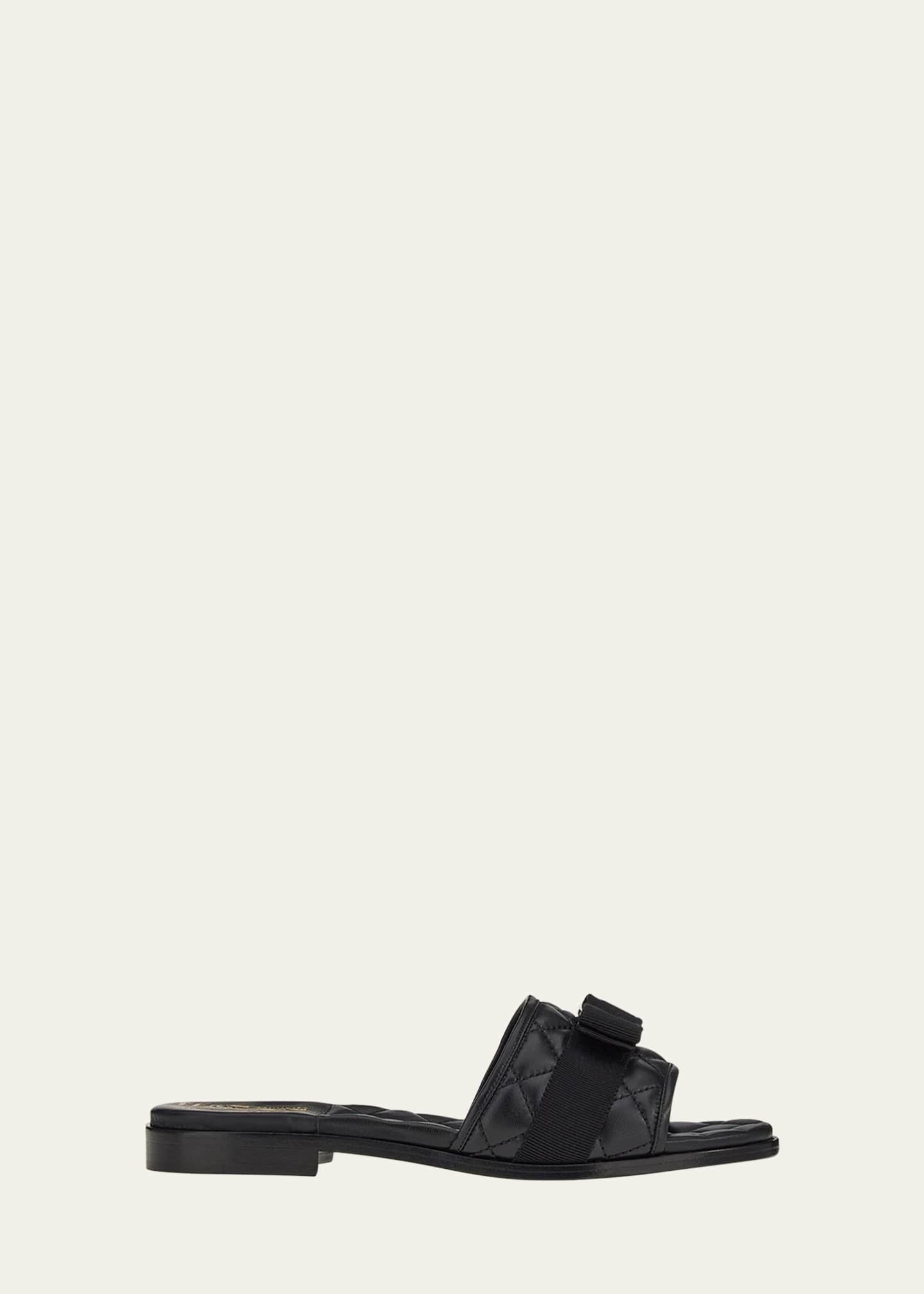 Ferragamo Quilted Lambskin Bow Flat Sandals Image 1 of 4