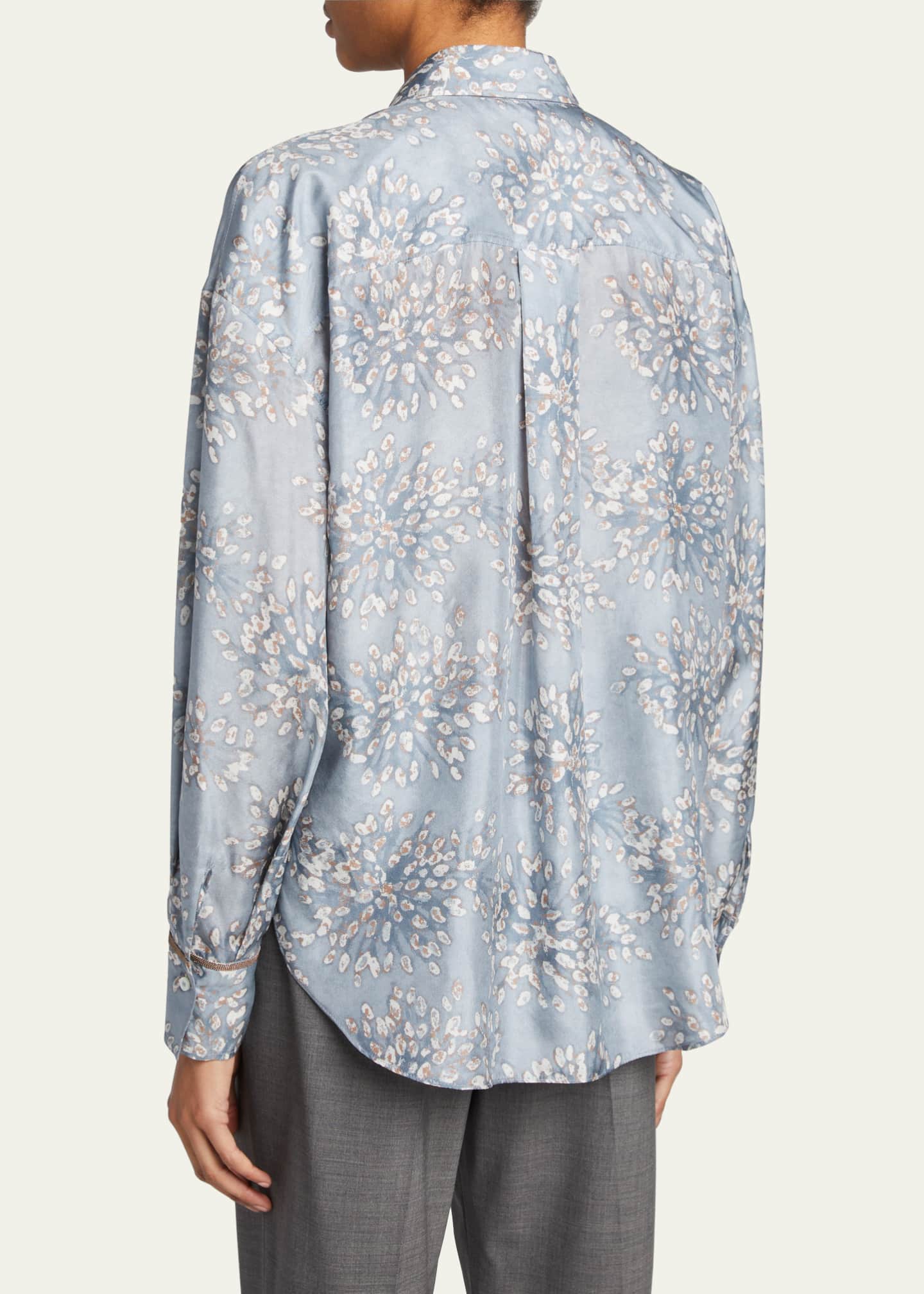 Brunello Cucinelli Floral Silk Shirt w/ Monili Trim - Bergdorf Goodman