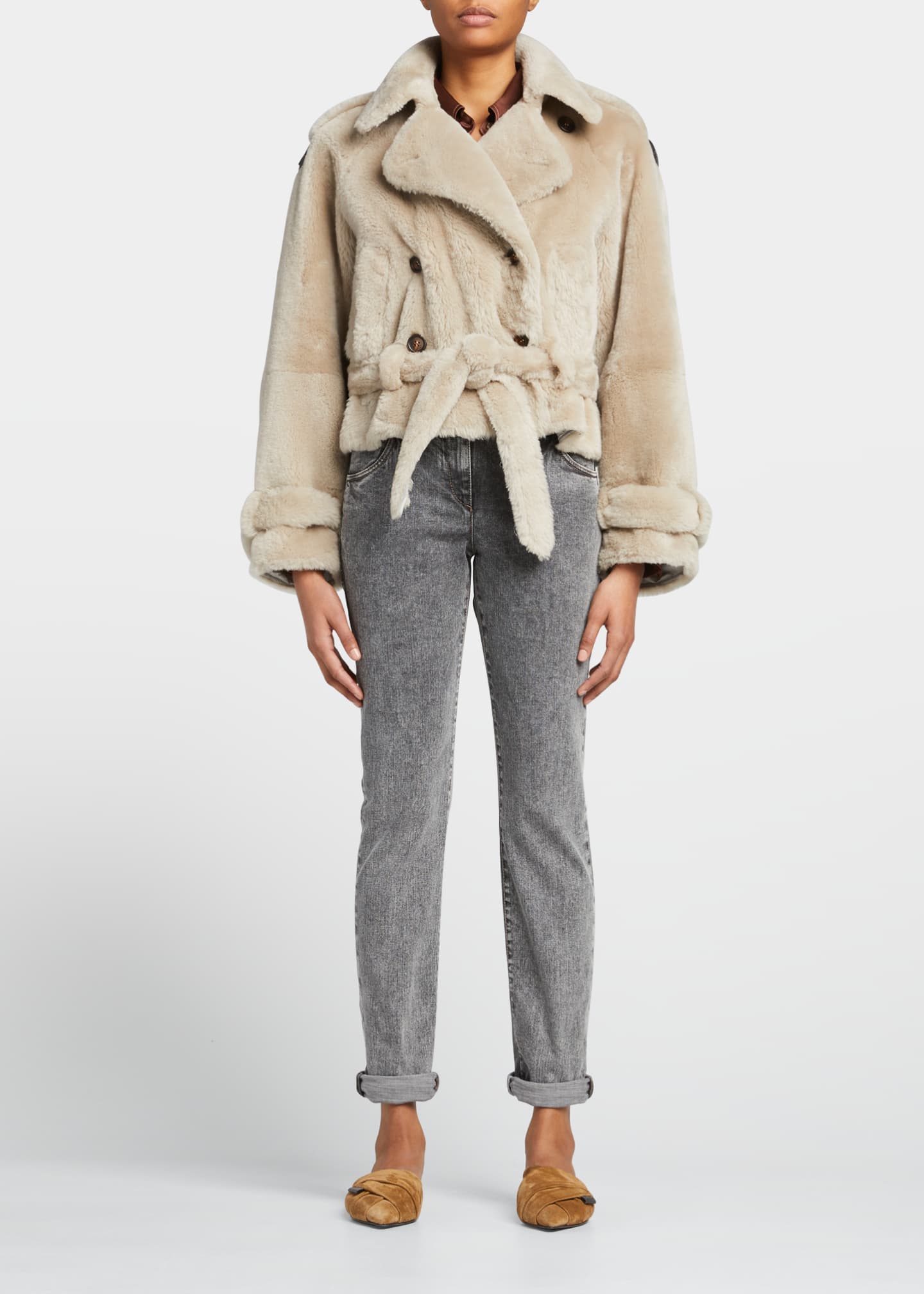 Brunello Cucinelli Shearling Double-Breasted Self-Tie Jacket - Bergdorf ...