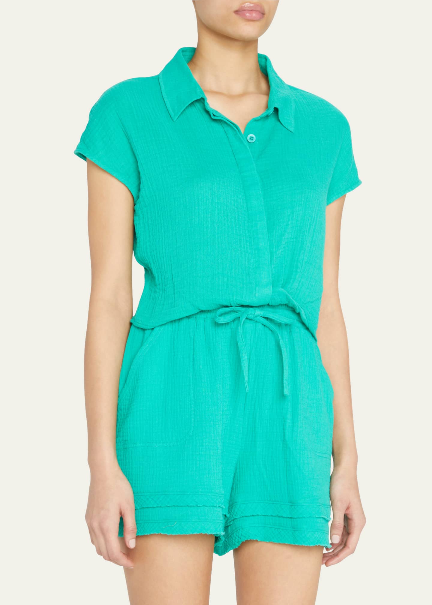 Monrow ShortSleeve Gauze ButtonFront Top Bergdorf Goodman