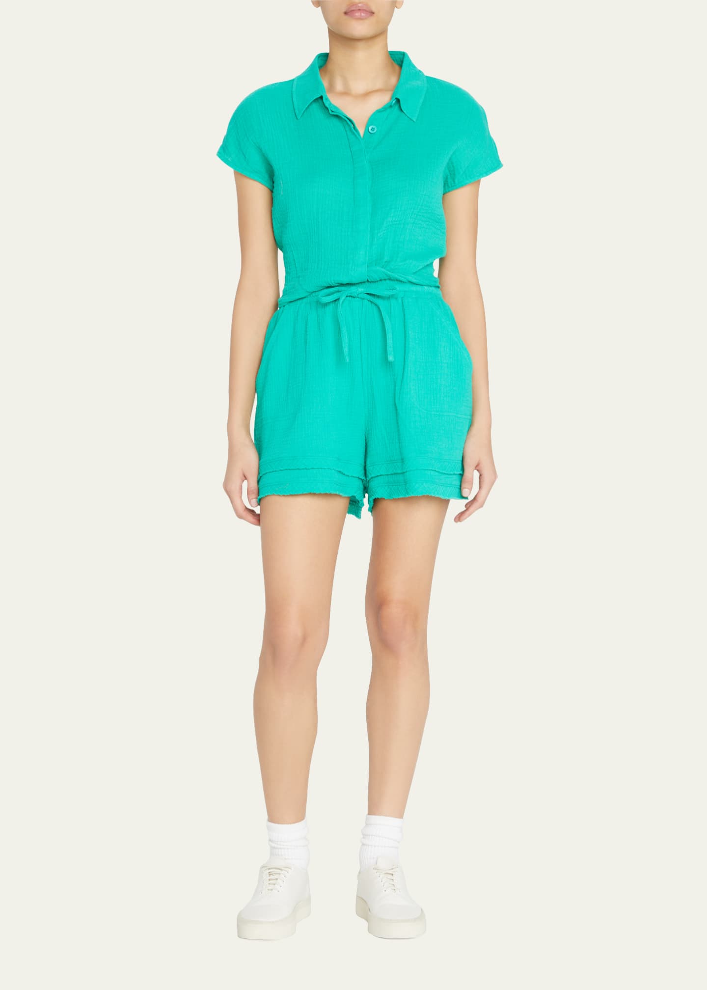 Monrow ShortSleeve Gauze ButtonFront Top Bergdorf Goodman