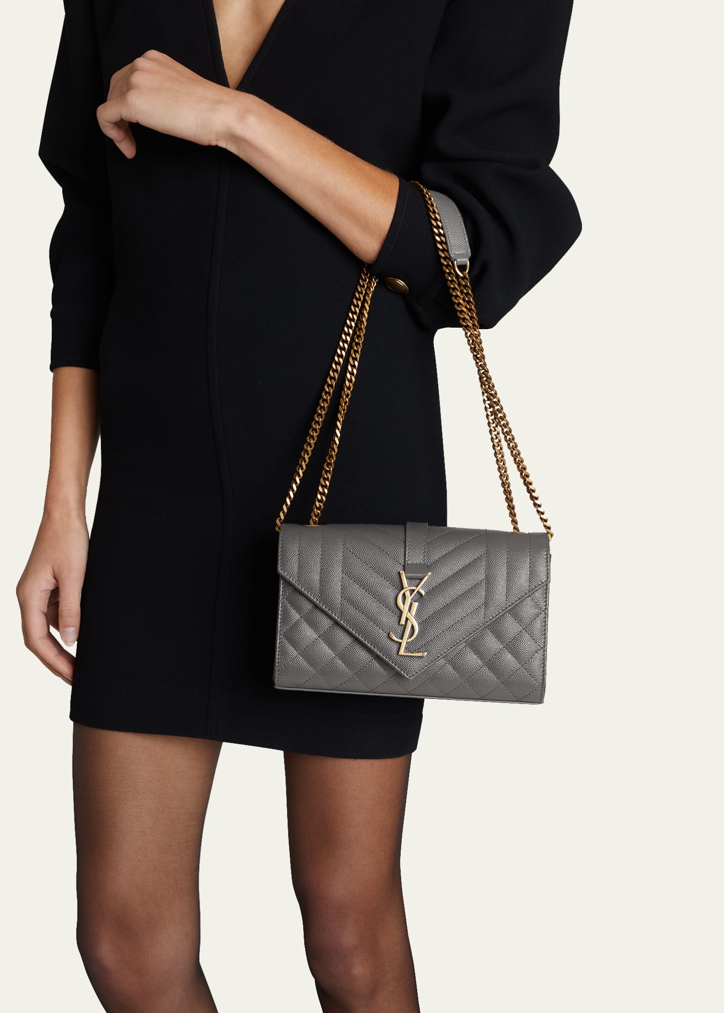 Saint Laurent Envelope Triquilt Small YSL Shoulder Bag in Grained Leather