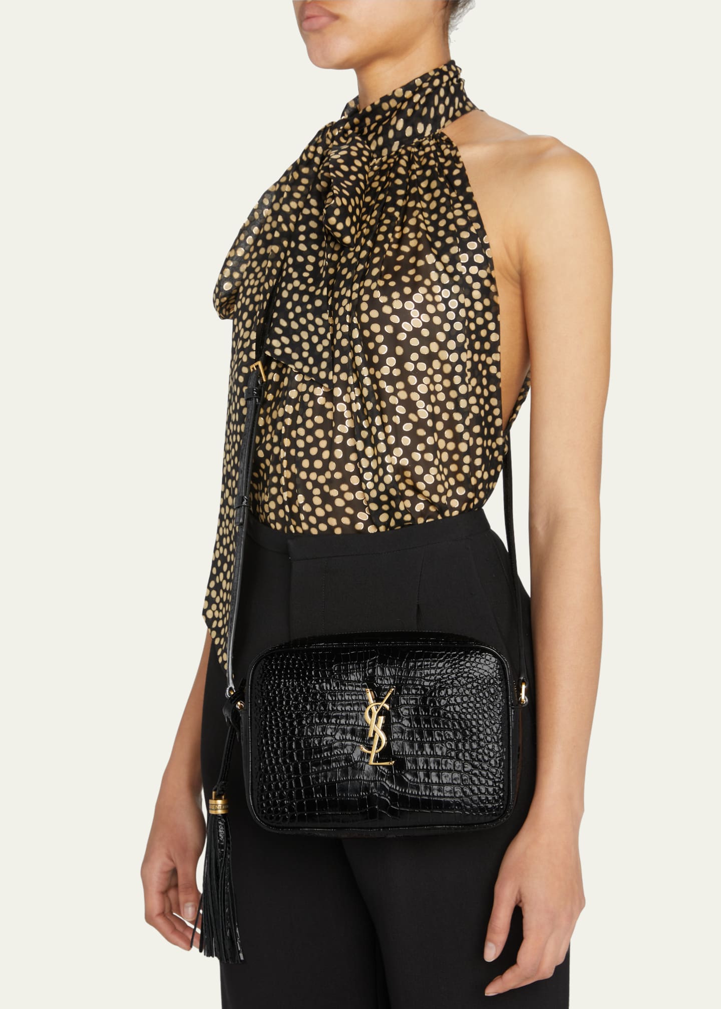 Shop Saint Laurent LOU LOU CAMERA BAG IN CROCODILE-EMBOSSED SHINY