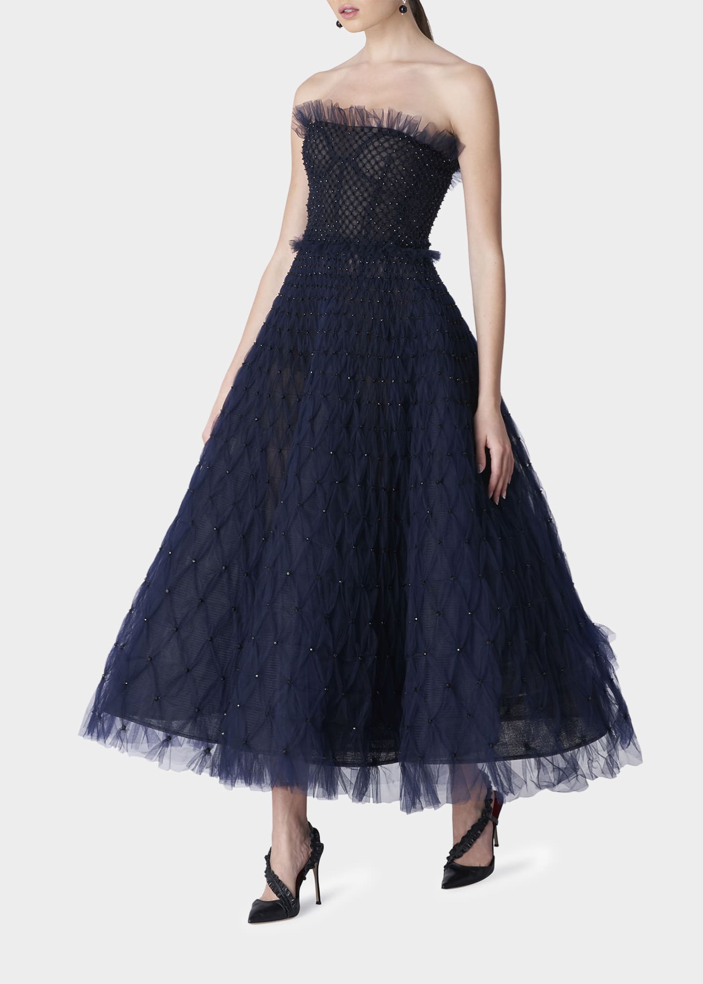 Carolina Herrera Bead-Embellished Strapless Diamond Stitch Midi Dress ...