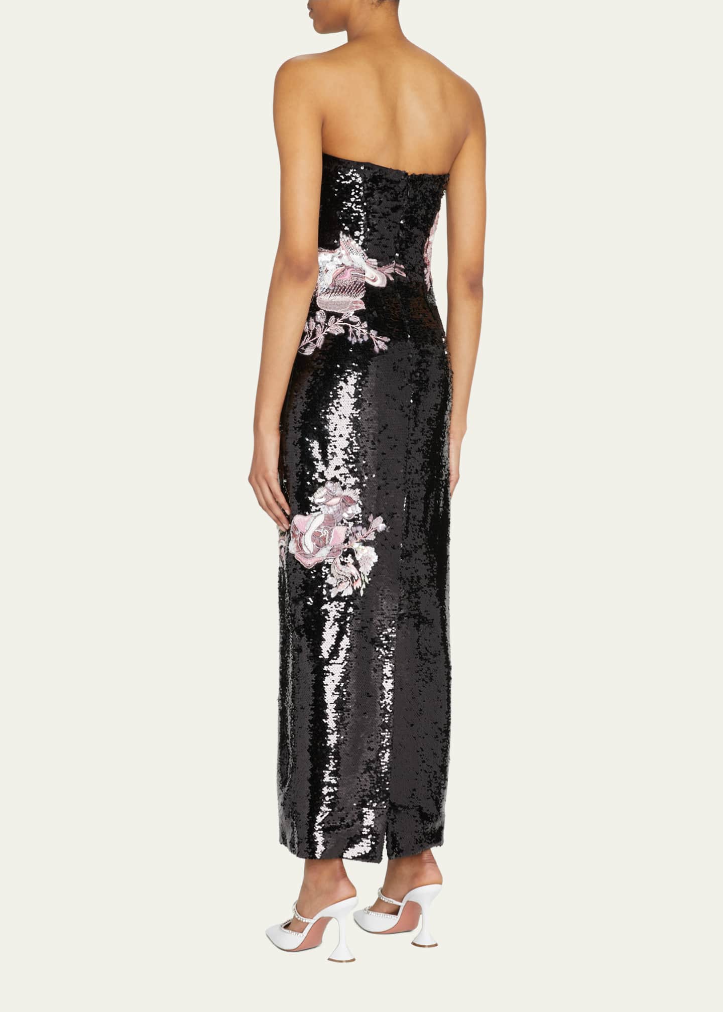 Monique Lhuillier Sequined Floral-Embroidered Strapless Column Gown ...