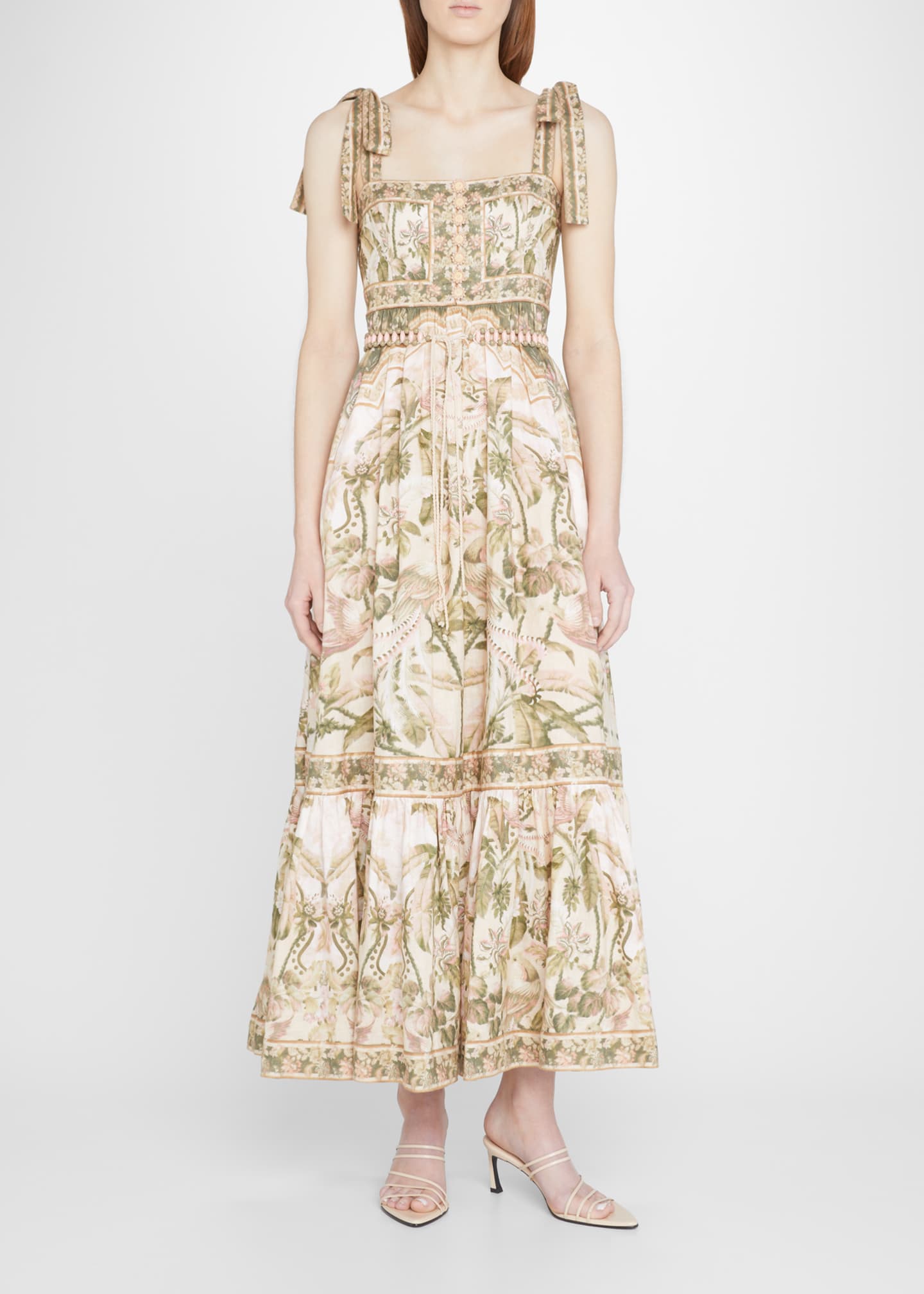 Zimmermann Lyre Tropical Printed Self-Tie Shoulder Tiered Midi Dress ...