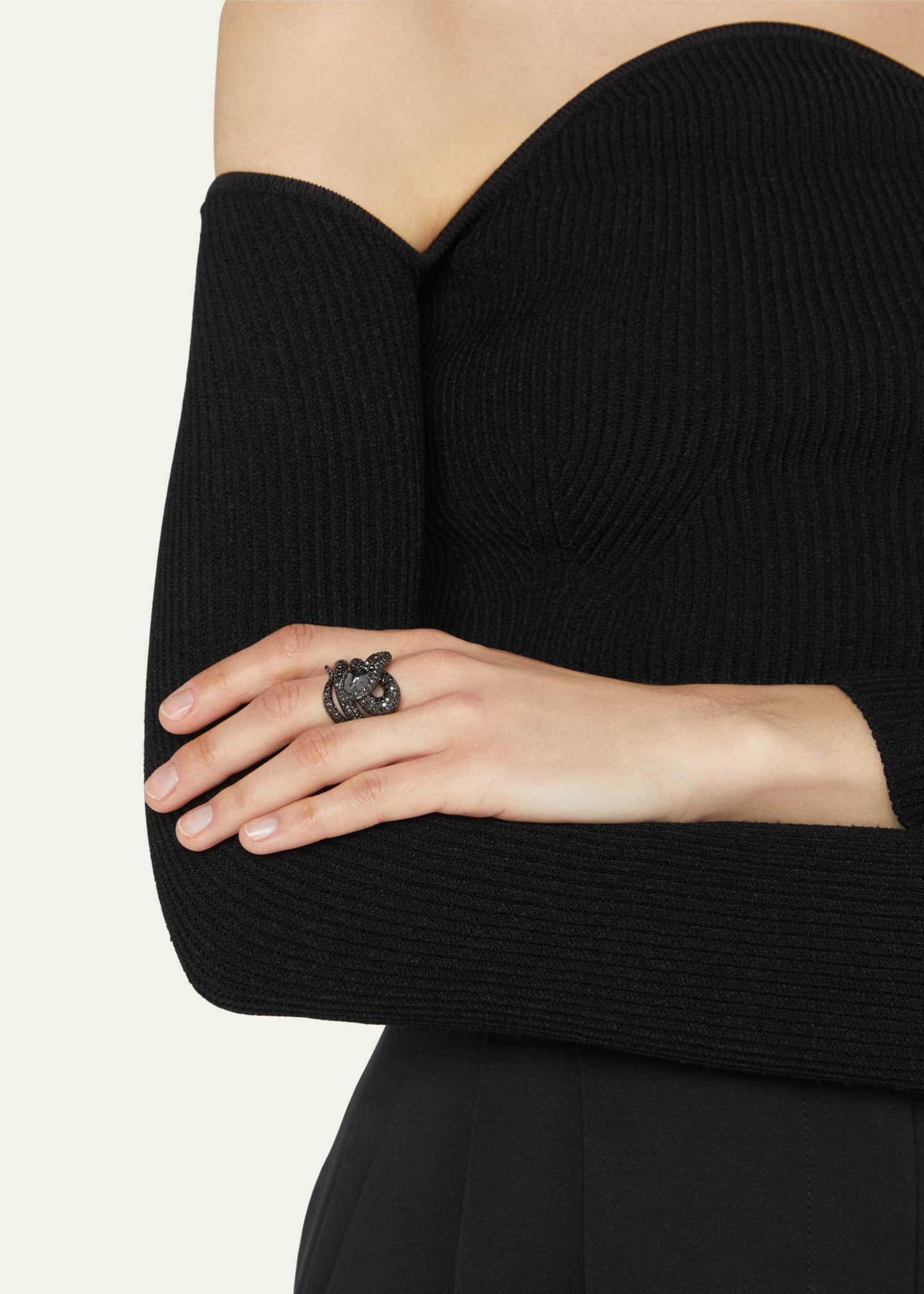 Stefere White Gold Black Diamond Ring with Black Diamond Head from The Snake Collection, Size 7 Image 2 of 3