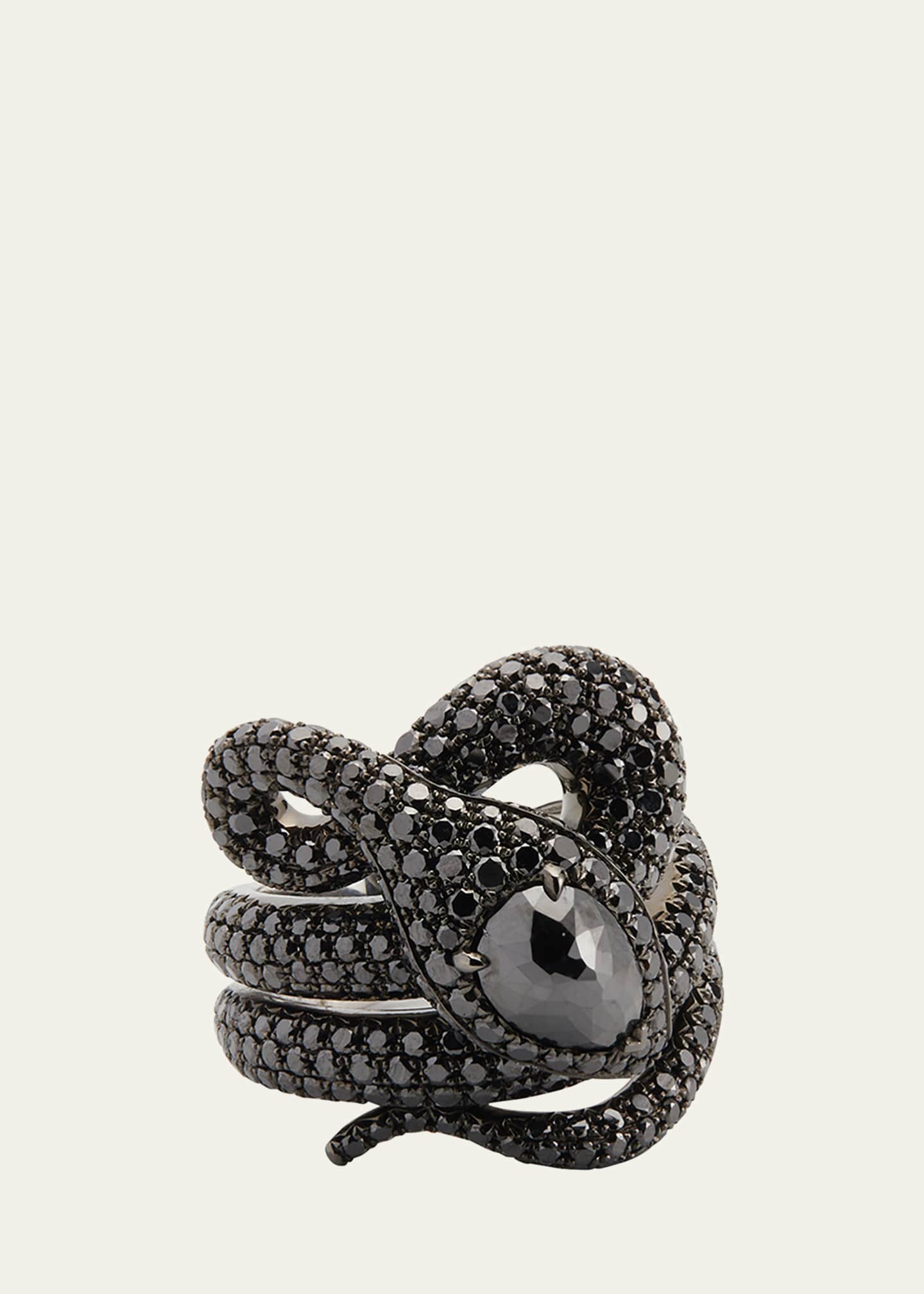 Stefere White Gold Black Diamond Ring with Black Diamond Head from The Snake Collection, Size 7 Image 1 of 3