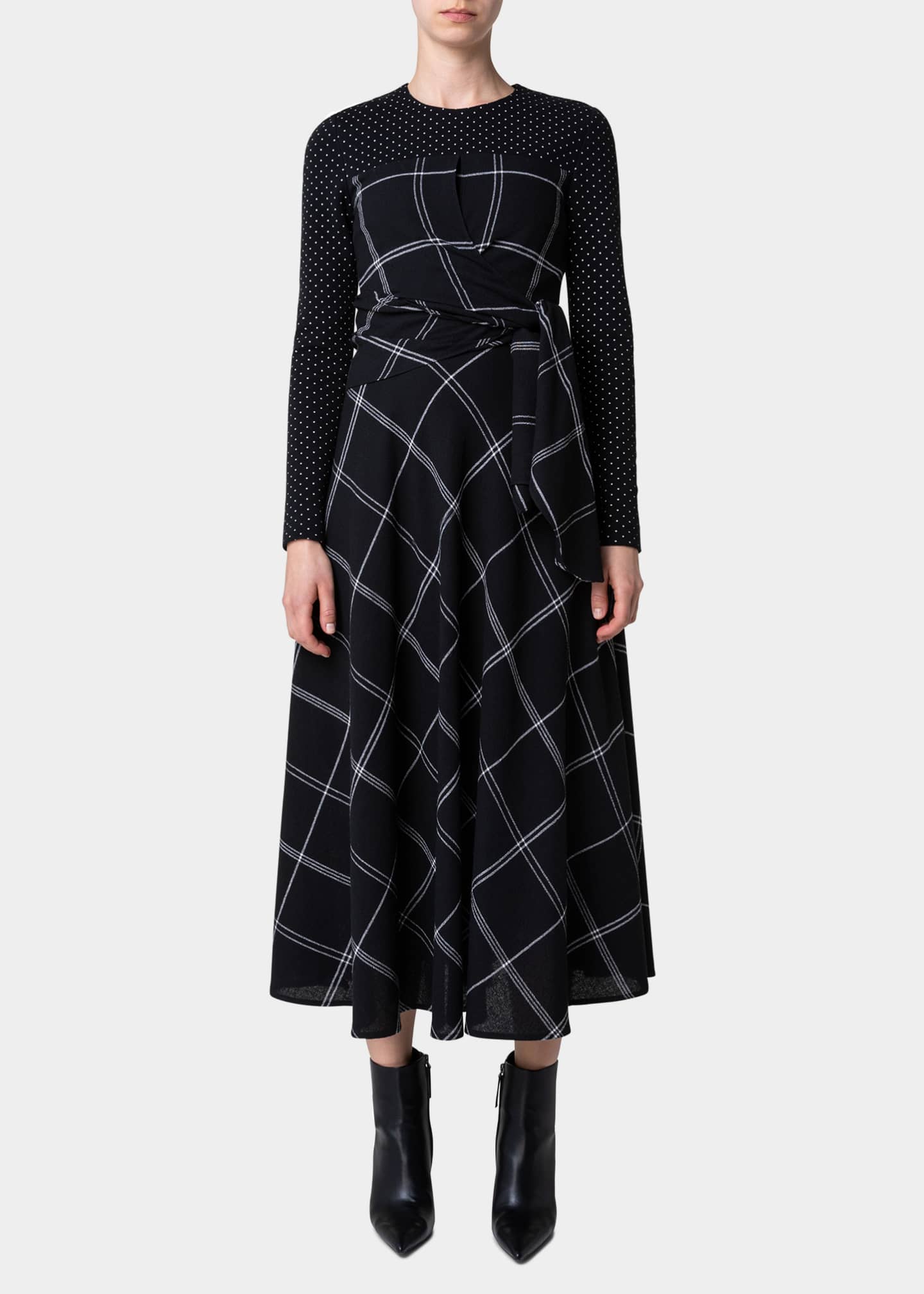 Akris punto Mix Media Dotted Burn-Cut Lace Midi Dress with Plisse Detail