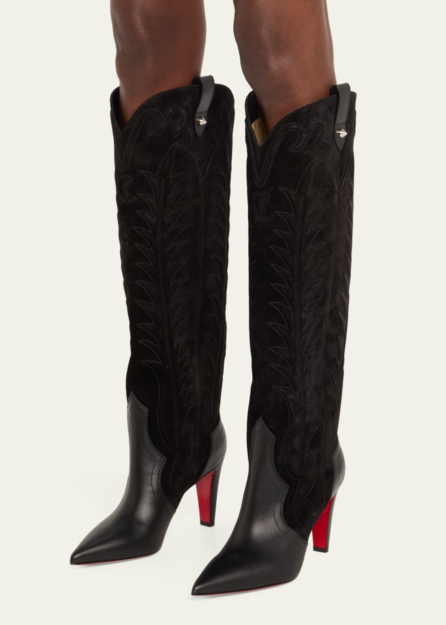 Christian Louboutin Santia Mixed Leather Suede Knee-High Red Sole Western Boots Image 2 of 6