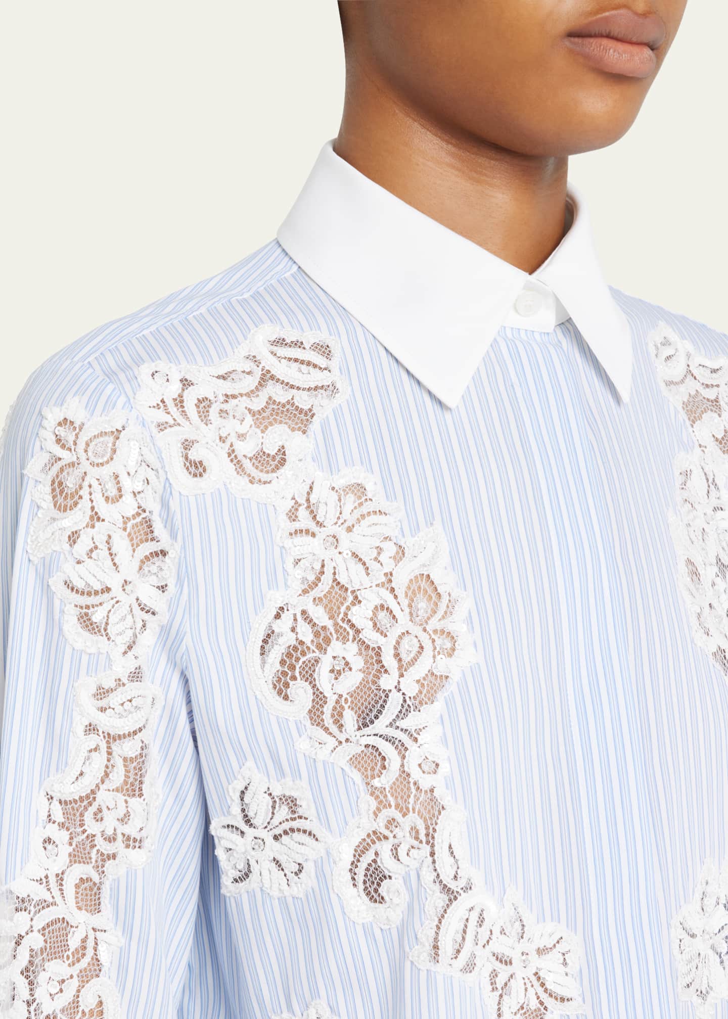 Valentino Garavani Stripe Button-Front Blouse w/ Lace Embroidery ...