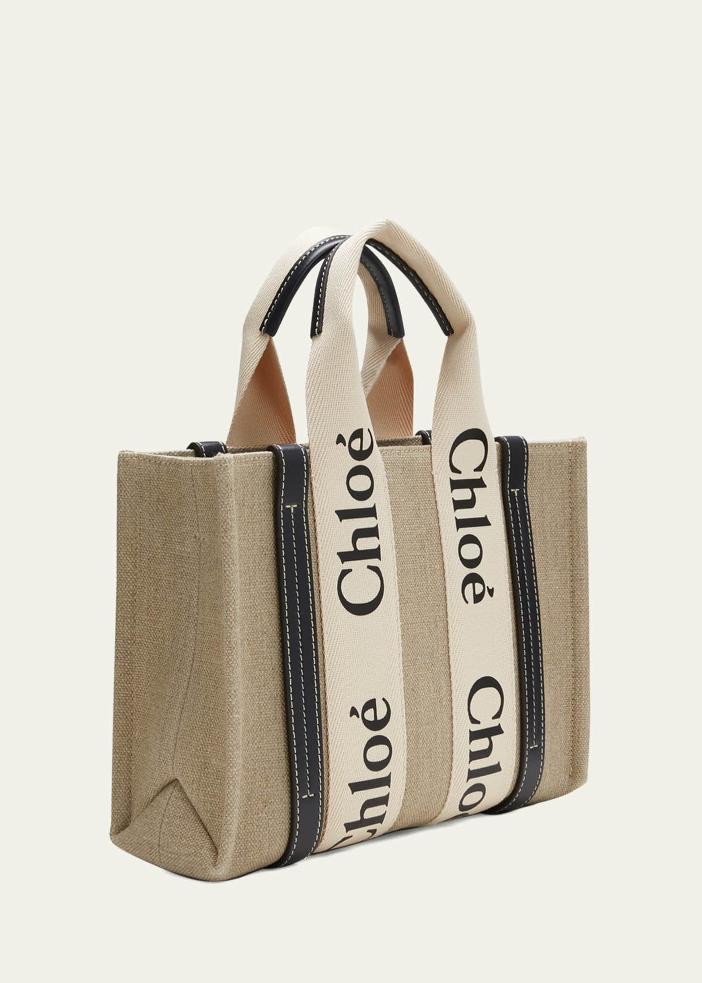 Chloe Woody Small Tote Bag in Linen with Crossbody Strap
