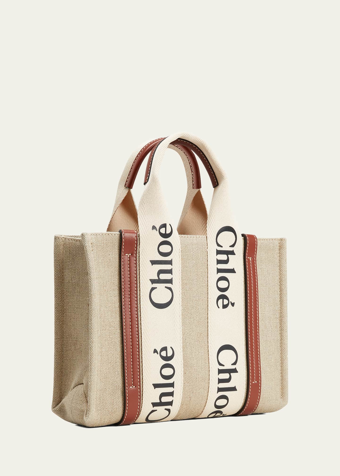 Chloe Woody Small Tote Bag in Linen with Crossbody Strap Image 3 of 5