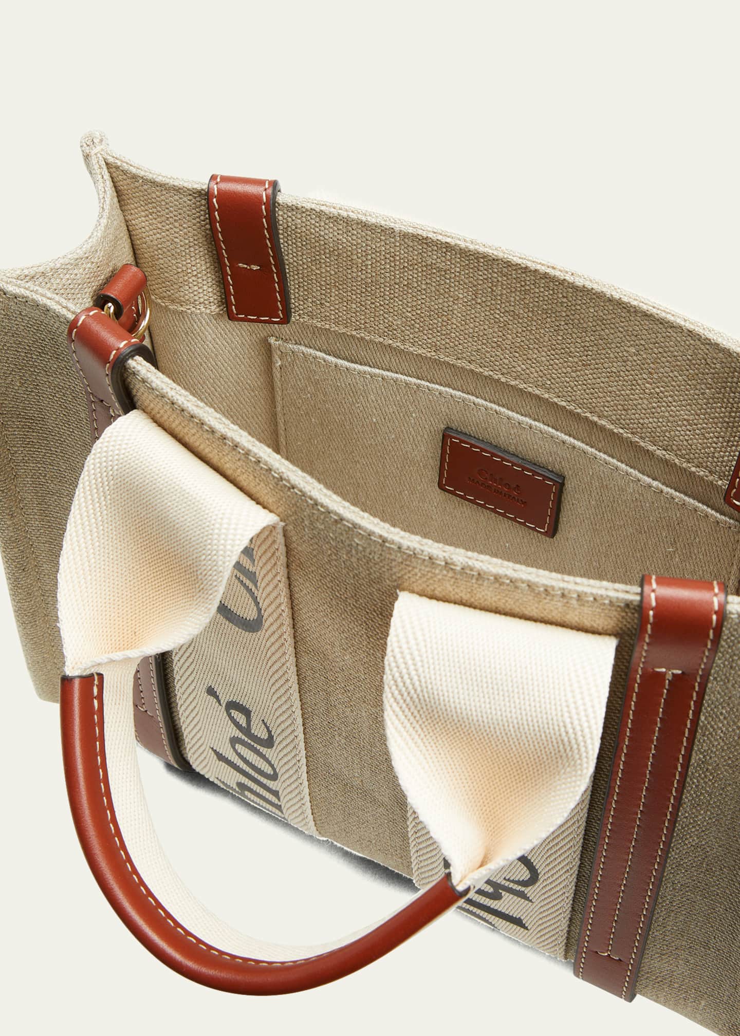 Chloe Woody Small Tote Bag in Linen with Crossbody Strap Image 4 of 5