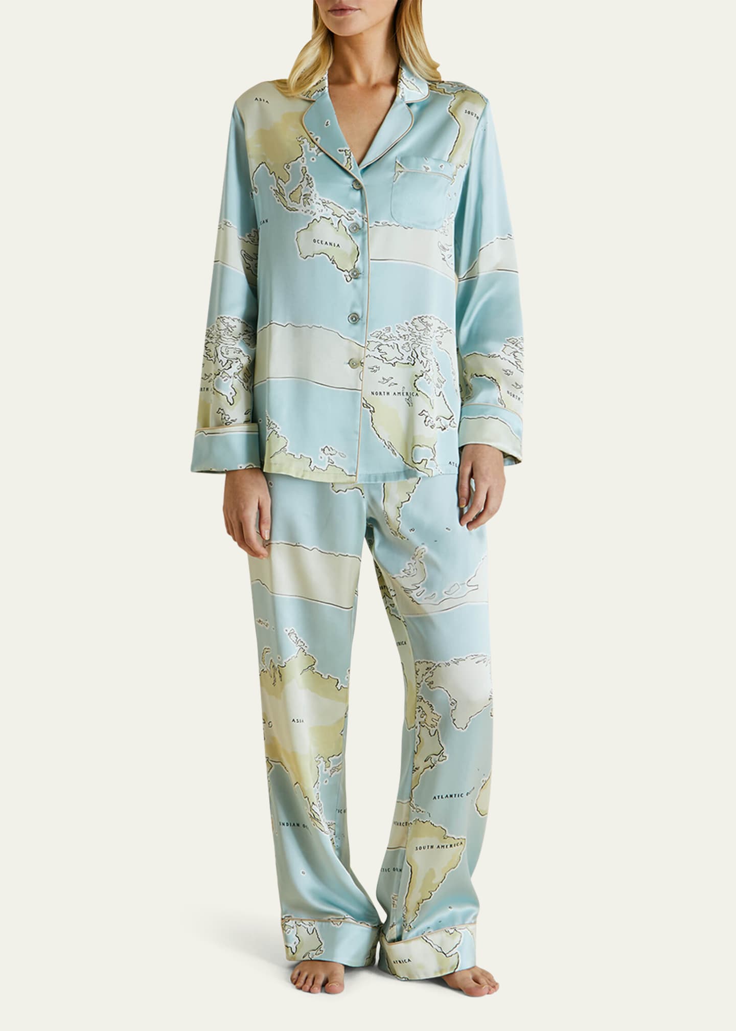 Olivia Von Halle Lila Silk Map-Print Pajama Set - Bergdorf Goodman