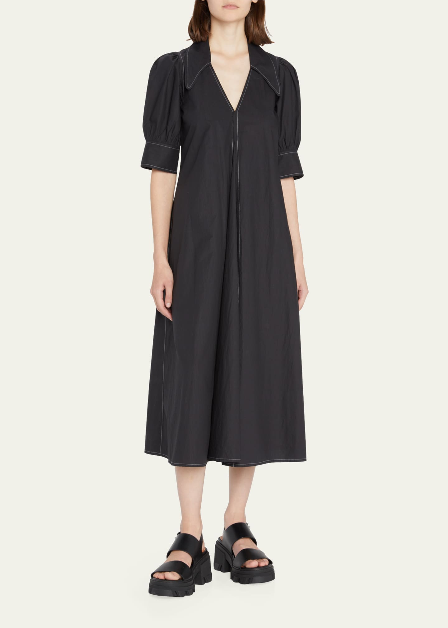 Ganni Poplin Puffed-Sleeve Topstitched Midi Dress Image 2 of 5