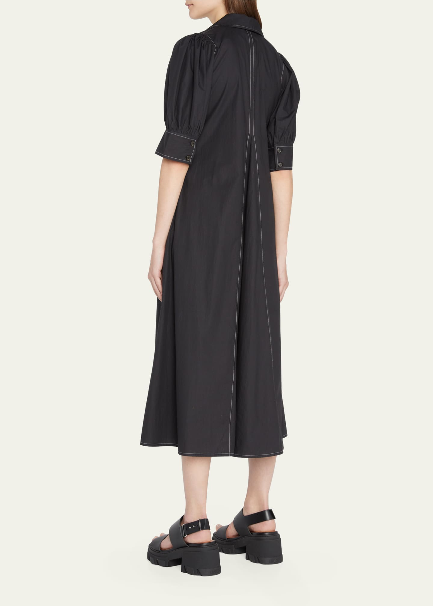 Ganni Poplin Puffed-Sleeve Topstitched Midi Dress Image 3 of 5