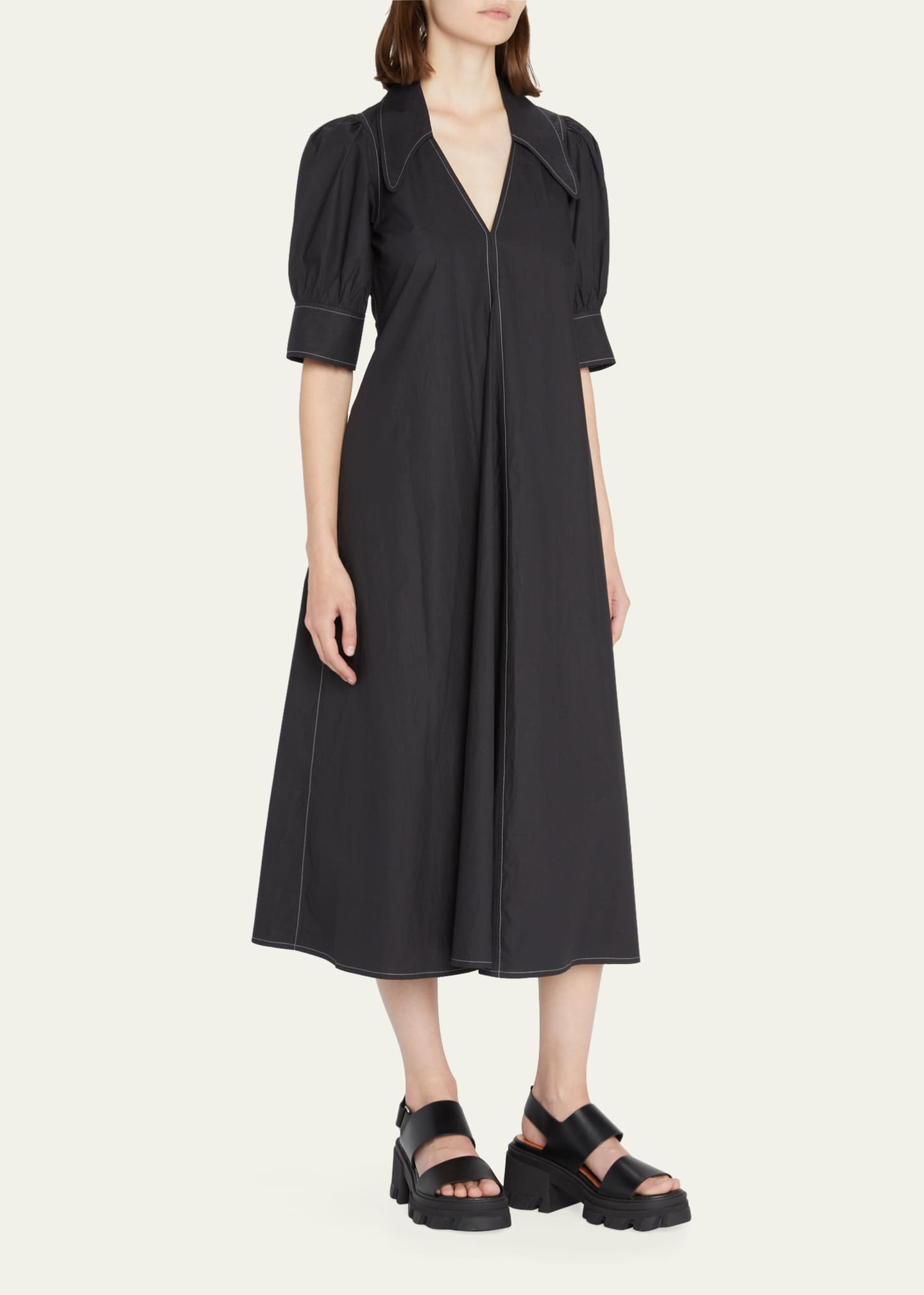 Ganni Poplin Puffed-Sleeve Topstitched Midi Dress Image 4 of 5