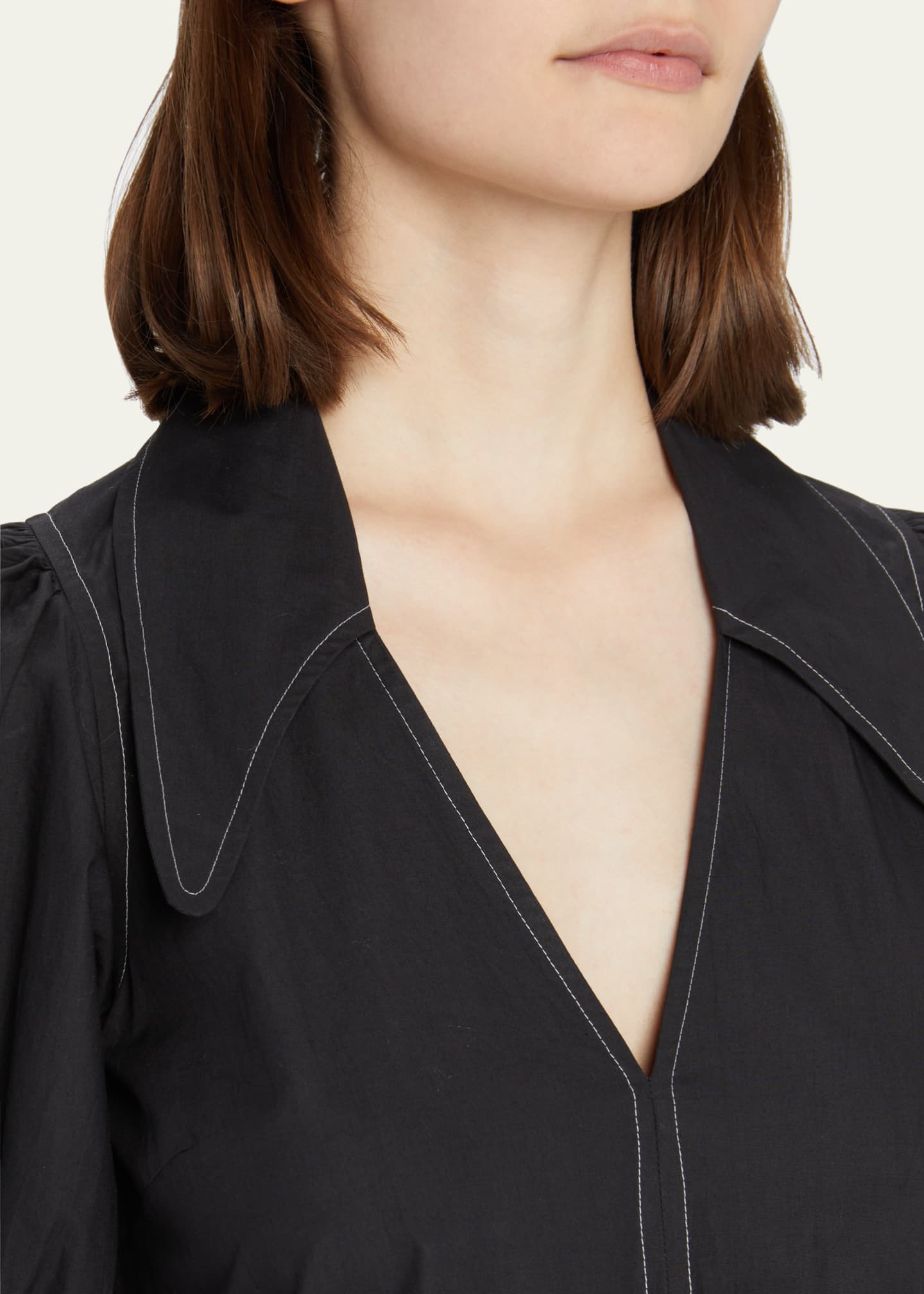 Ganni Poplin Puffed-Sleeve Topstitched Midi Dress Image 5 of 5