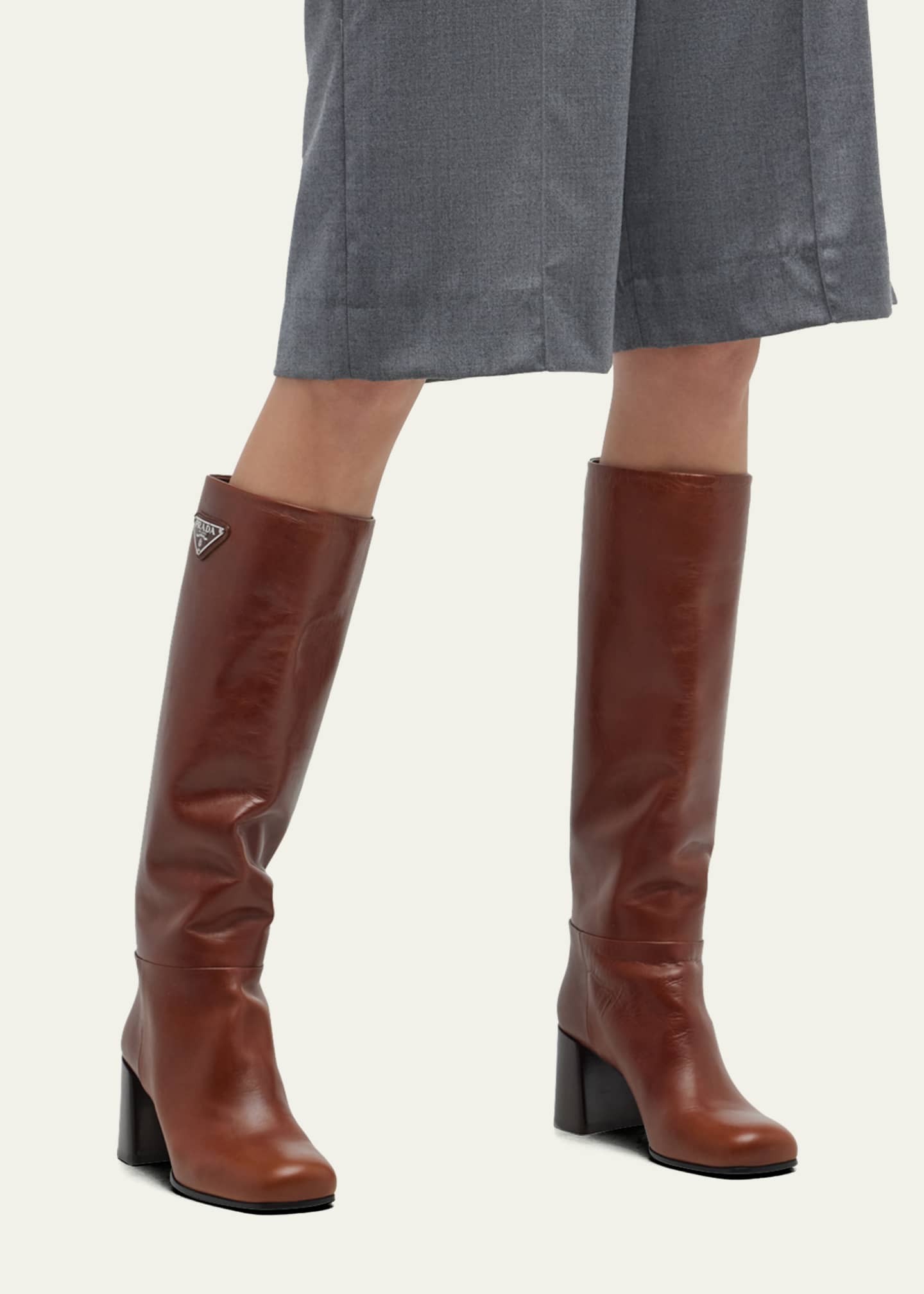 Prada Leather Block-Heel Knee Boots