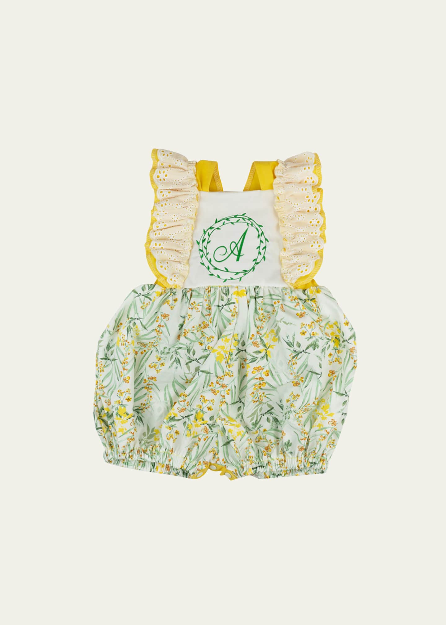 Haute Baby Girl's Ruffle Trim Personalized Romper, Size Newborn-24M