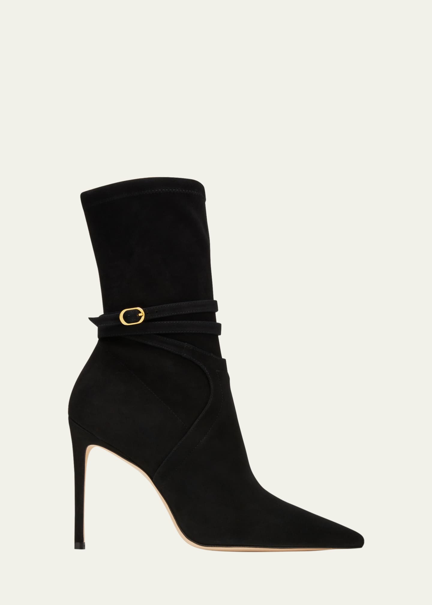 Stuart Weitzman 100mm Suede Belted Stiletto Booties - Bergdorf Goodman