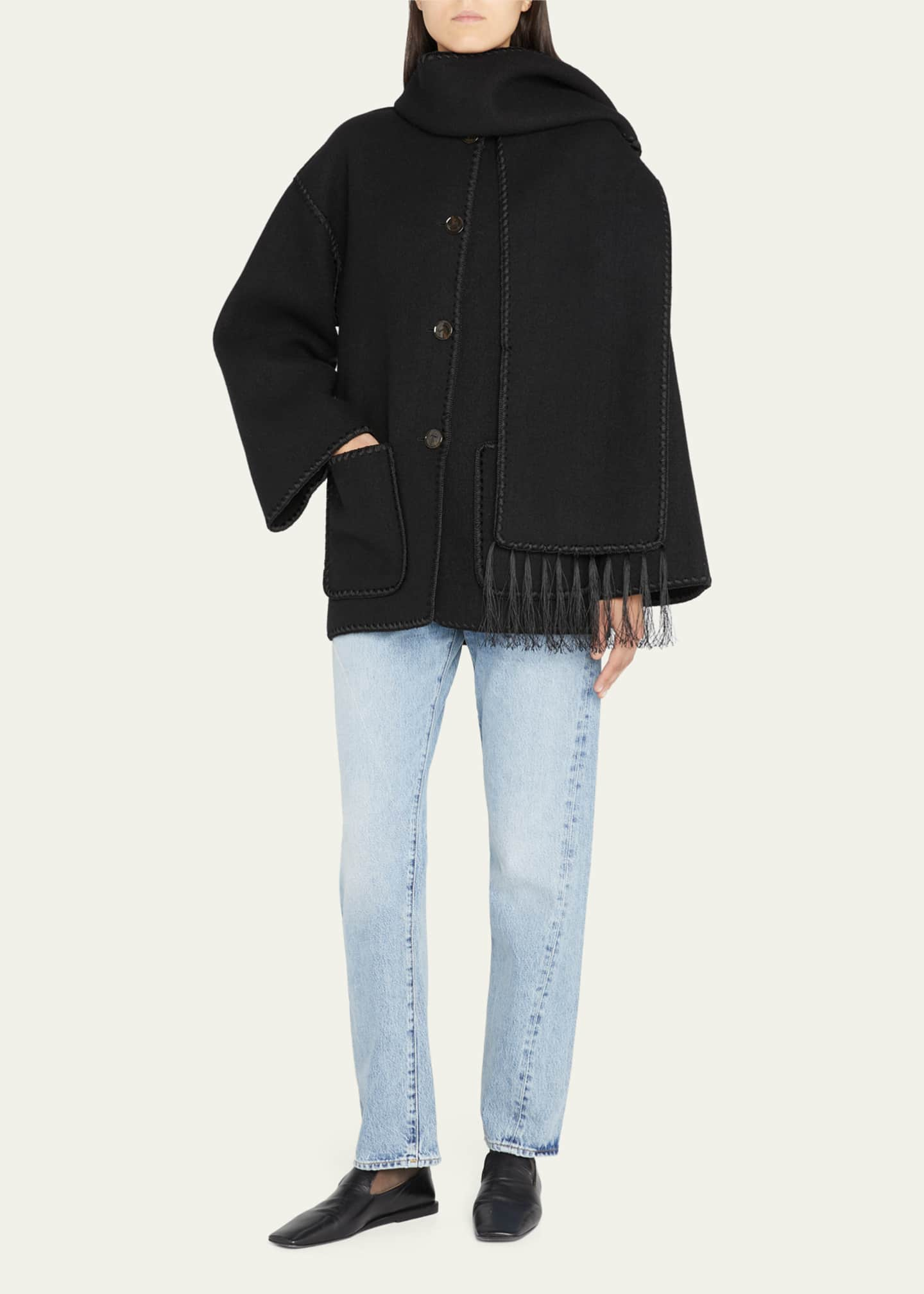 Toteme Embroidered Fringe-Trim Scarf Wool Jacket