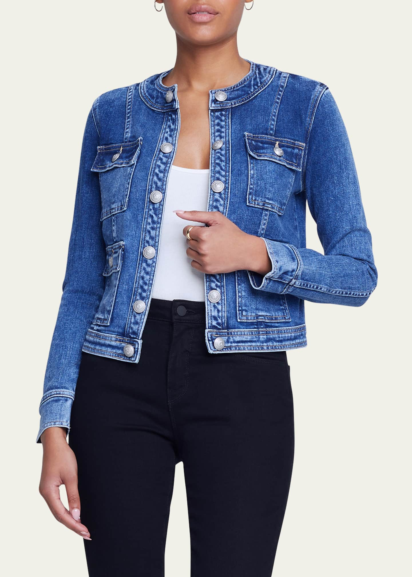 L'Agence Yari Faded Collarless Denim Jacket - Bergdorf Goodman