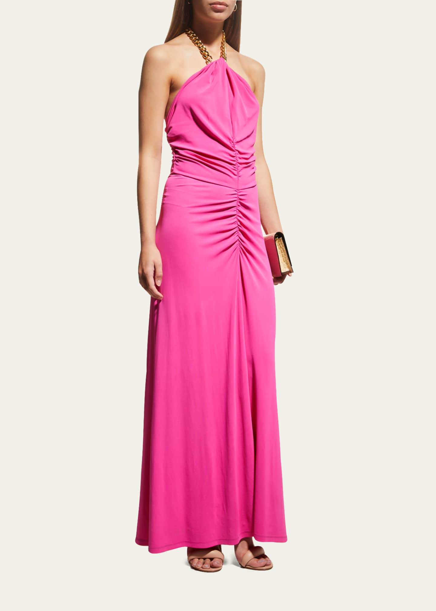 Veronica Beard Reze Jersey Chain HalterNeck Ruched Maxi Dress