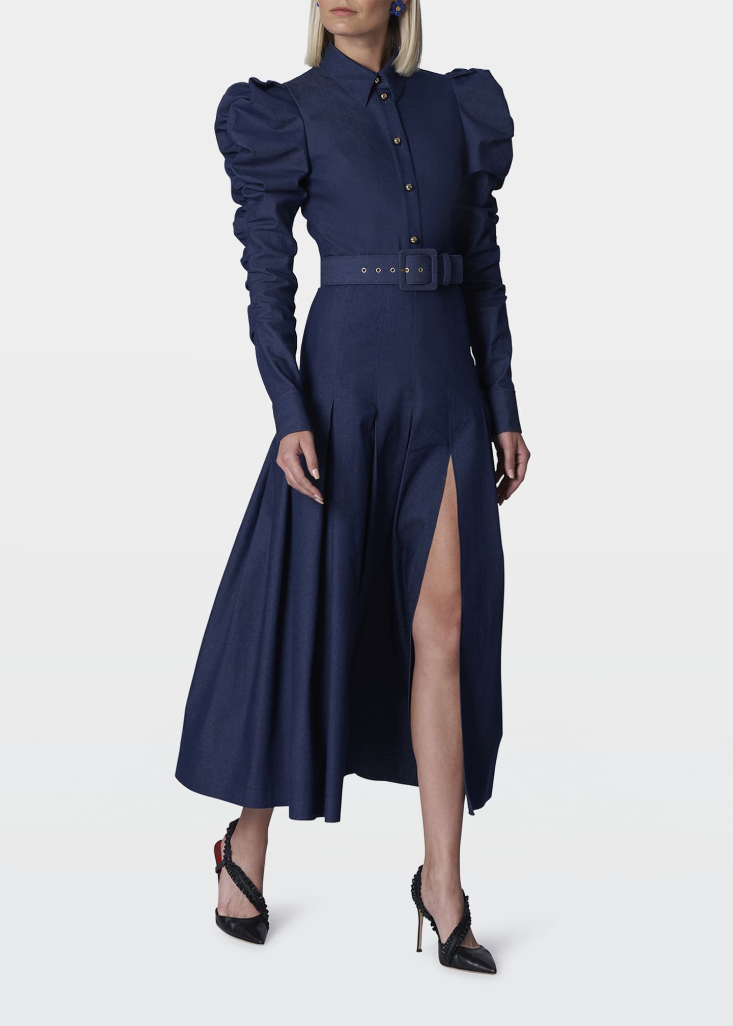 Carolina Herrera Denim Shirred Puff-Sleeve Blouse - Bergdorf Goodman
