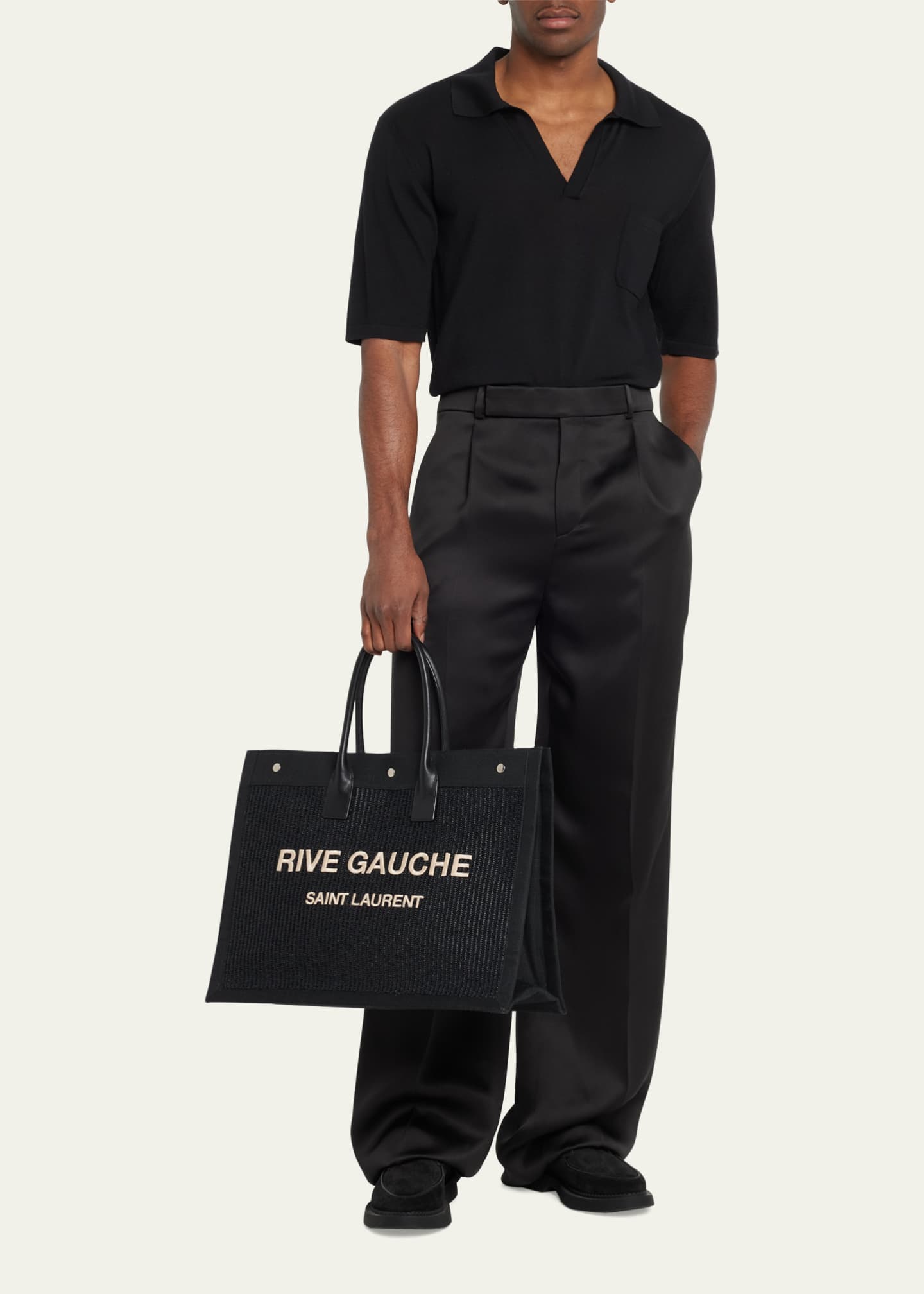 Saint Laurent Rive Gauche Large Raffia Tote Bag in Black for Men