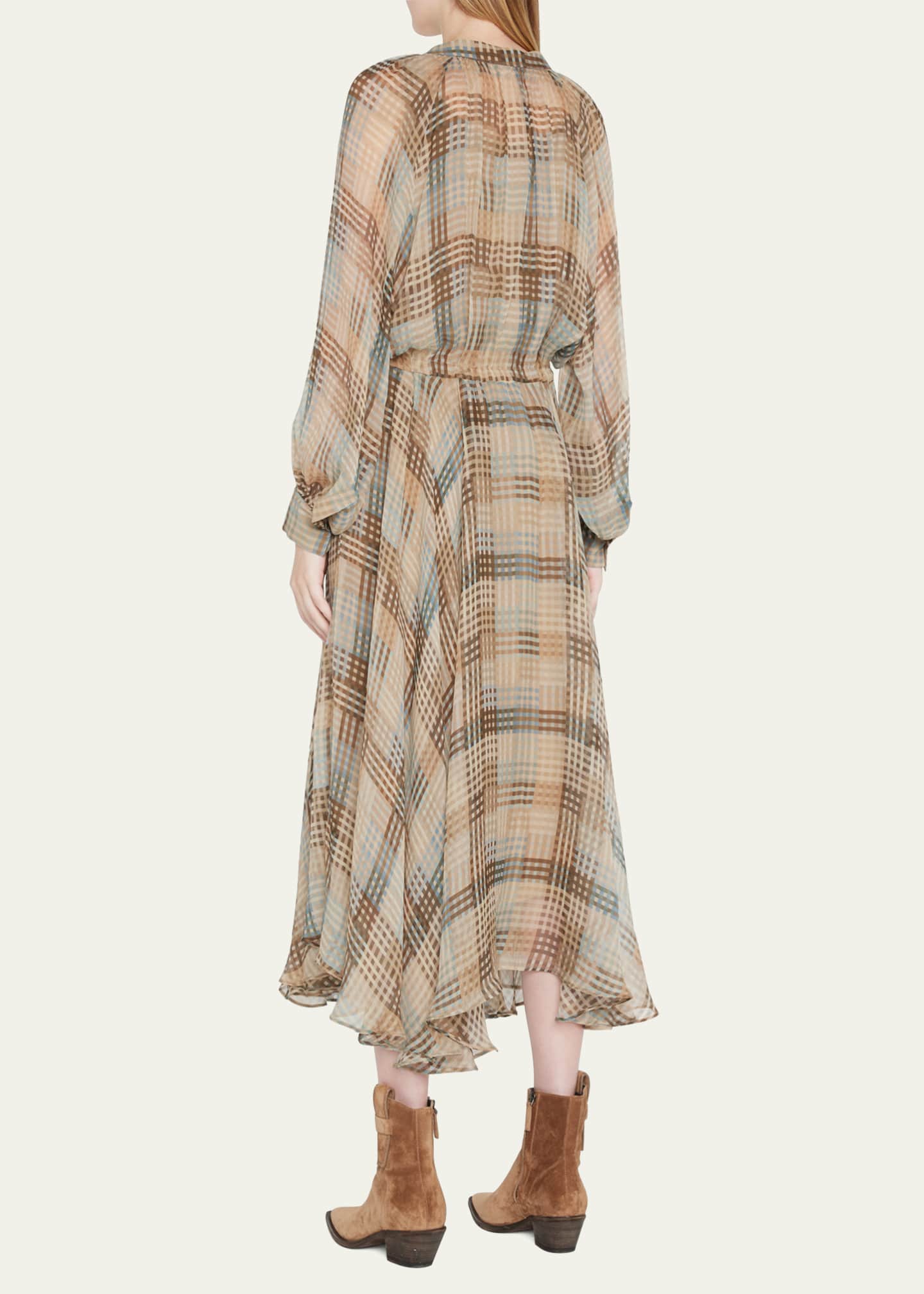 Brunello Cucinelli Peasant Prairie Plaid Midi Dress Bergdorf Goodman