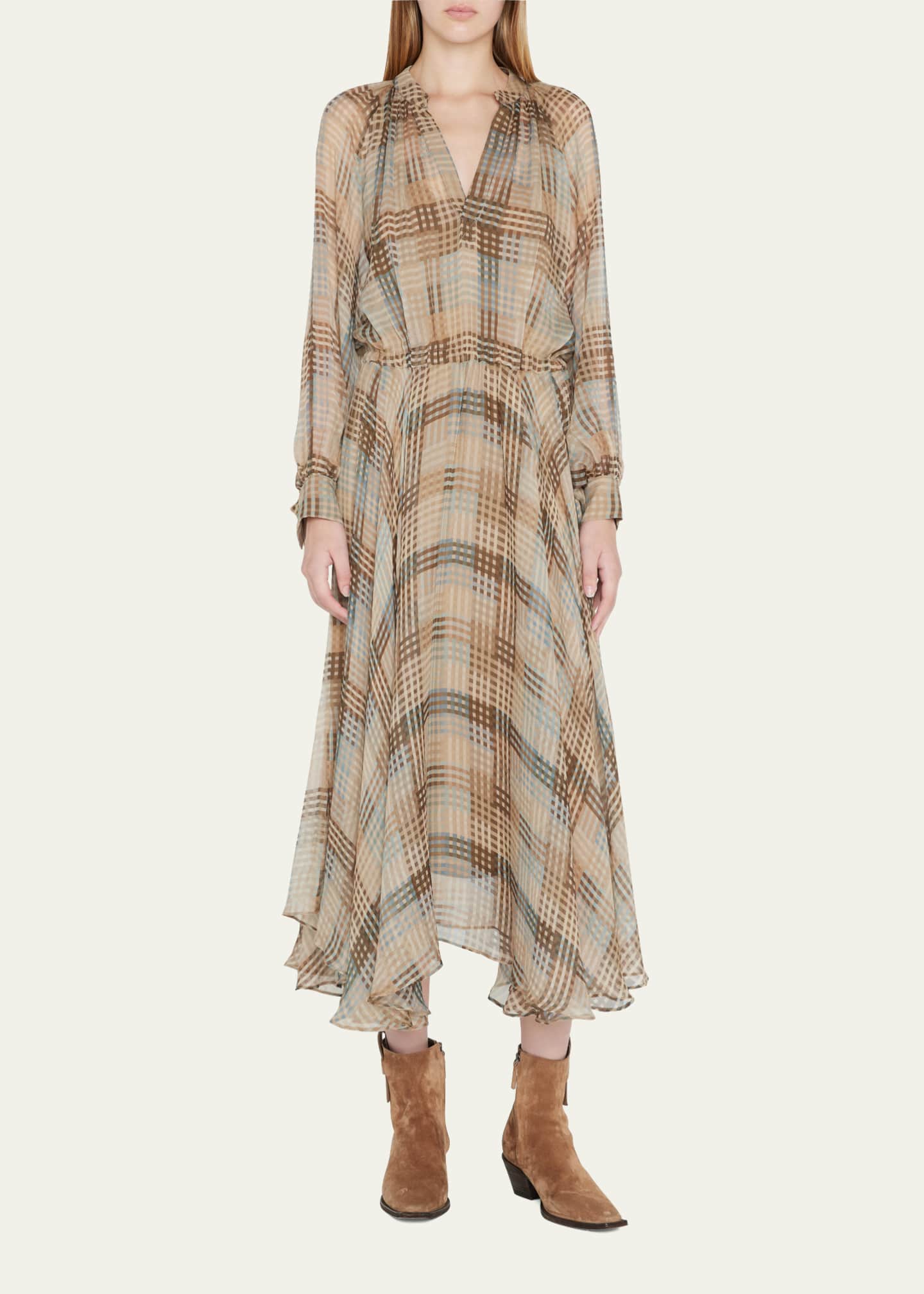 Brunello Cucinelli Peasant Prairie Plaid Midi Dress Bergdorf Goodman