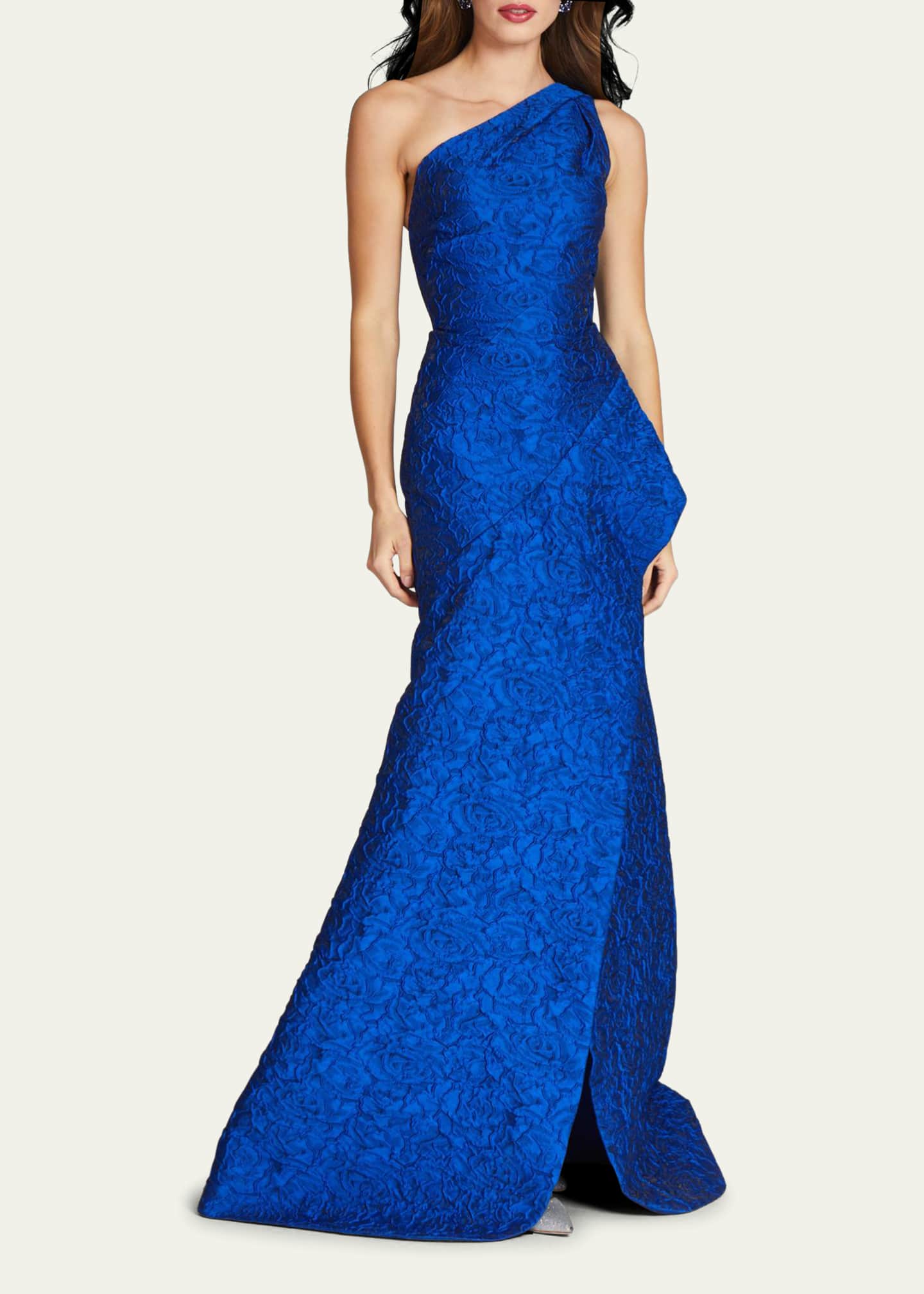 Rickie Freeman for Teri Jon OneShoulder Ruffle Jacquard Gown