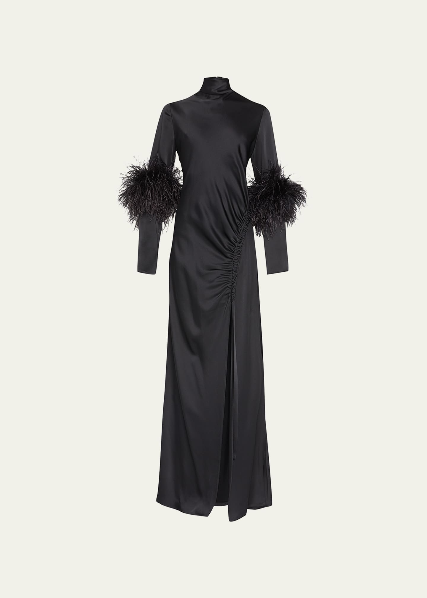 LAPOINTE Feather-Trim Ruched Satin Bias Gown - Bergdorf Goodman